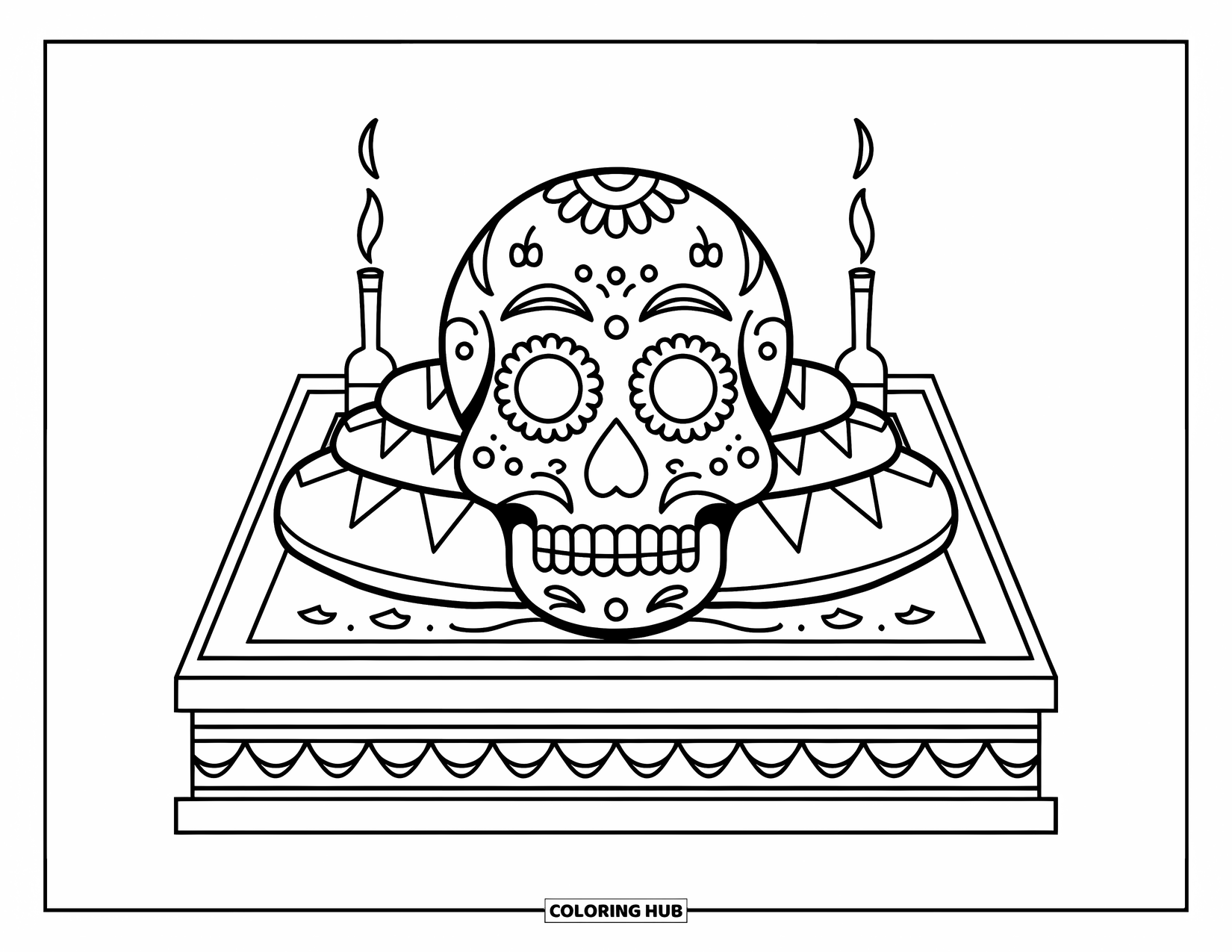 Desen de colorat cu craniu de zahăr pentru adulți: Un craniu de zahăr se odihnește pe un altar cu pan de muerto și tămâie în apropiere