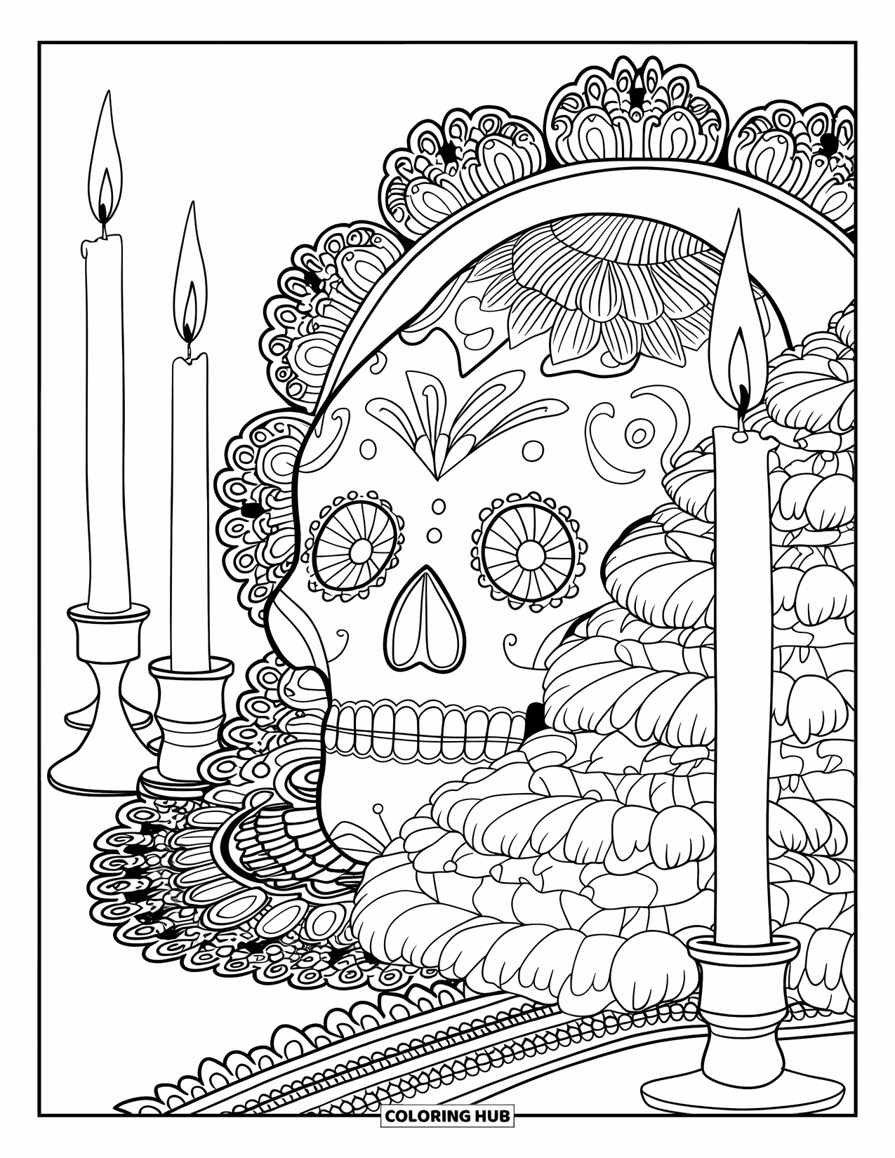 Desen de colorat cu craniu de zahăr pentru adulți: Un craniu de zahăr stă printre gălbenele, filigran fantezist și lumânări înalte strălucitoare