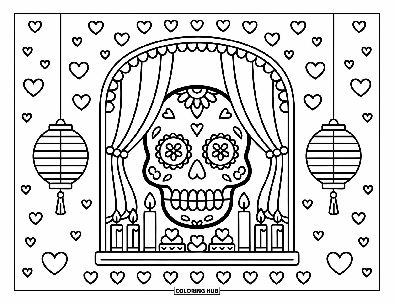 Desen de colorat cu craniu de zahăr pentru adulți: Un craniu de zahăr stă într-o fereastră confortabilă, încadrat de perdele, felinare și inimioare sculptate