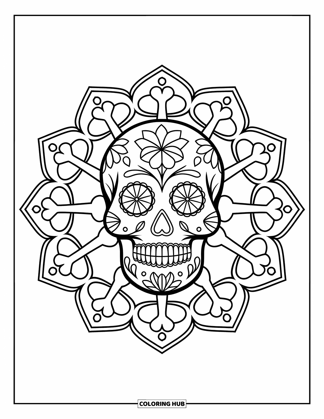 Desen de colorat cu craniu de zahăr pentru adulți: Un craniu de zahăr stă în interiorul unei mandale de oase și flori, cu o bordură îndrăzneață