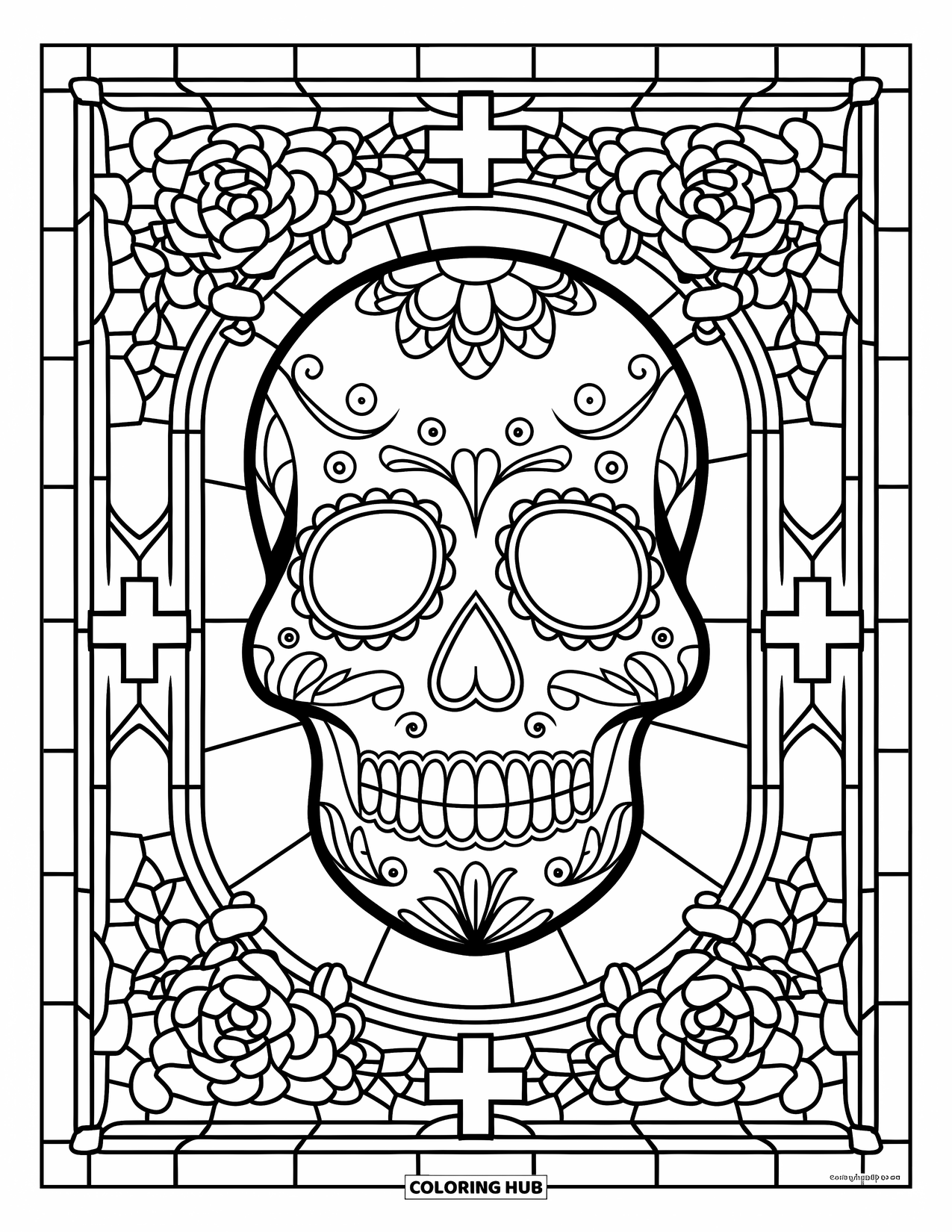 Desen de colorat cu craniu de zahăr pentru adulți: Un craniu de zahăr stă într-un cadru de vitralii cu trandafiri și cruci