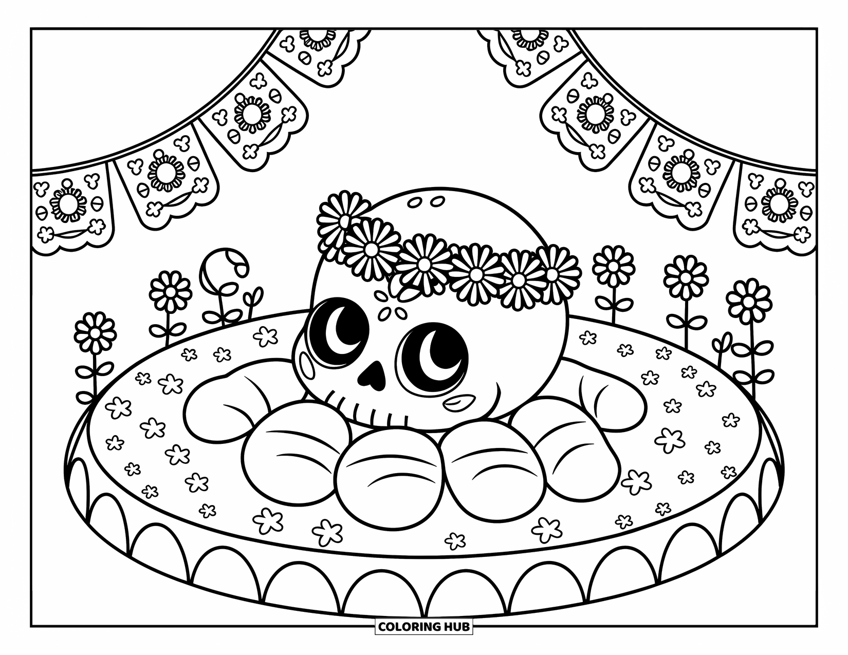 Desen de colorat cu craniu de zahăr pentru adulți: Un craniu de zahăr cu o coroană se află într-o grădină de petale sub papel picado fluturând