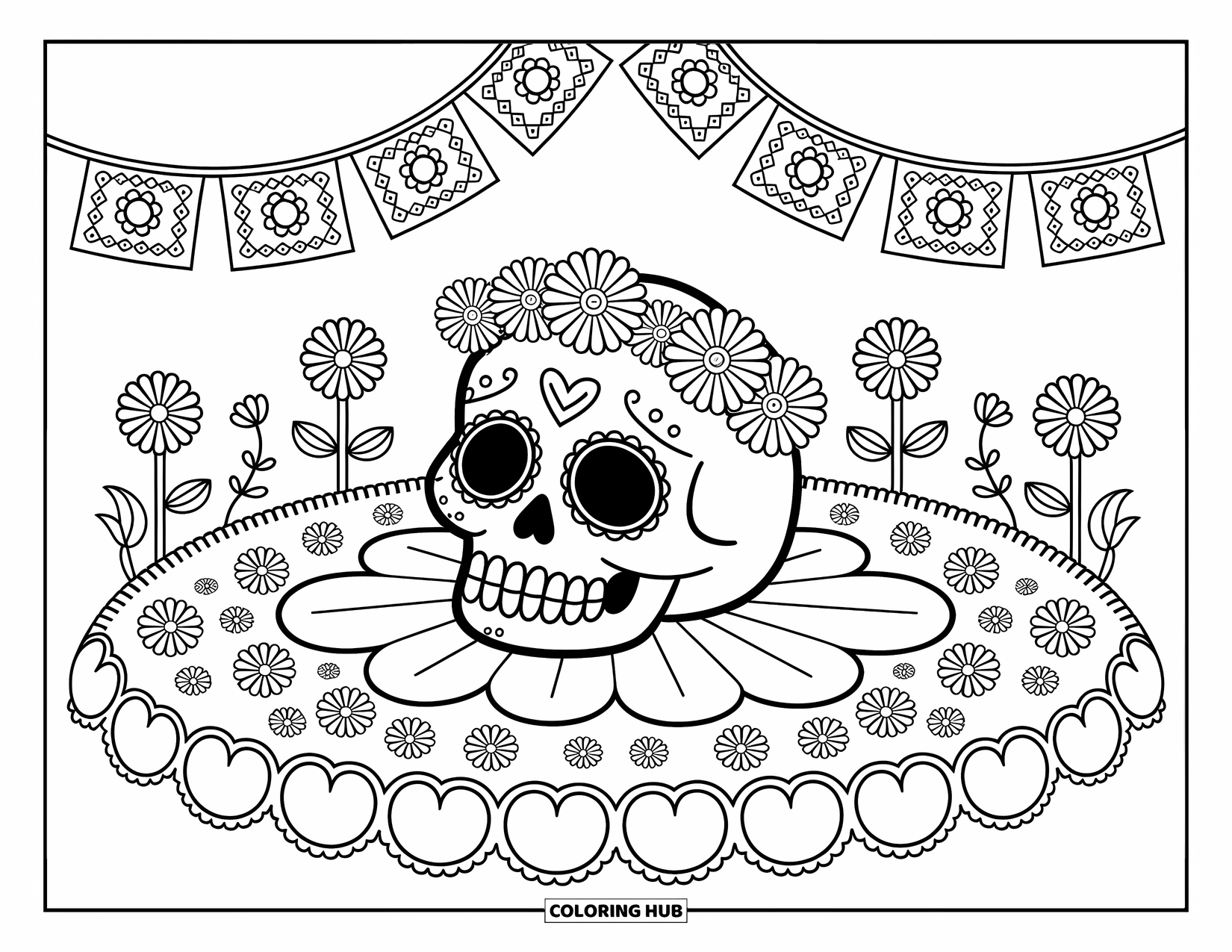 Desen de colorat cu craniu de zahăr pentru adulți: Un craniu de zahăr cu o coroană de flori se odihnește într-o grădină festivă sub papel picado