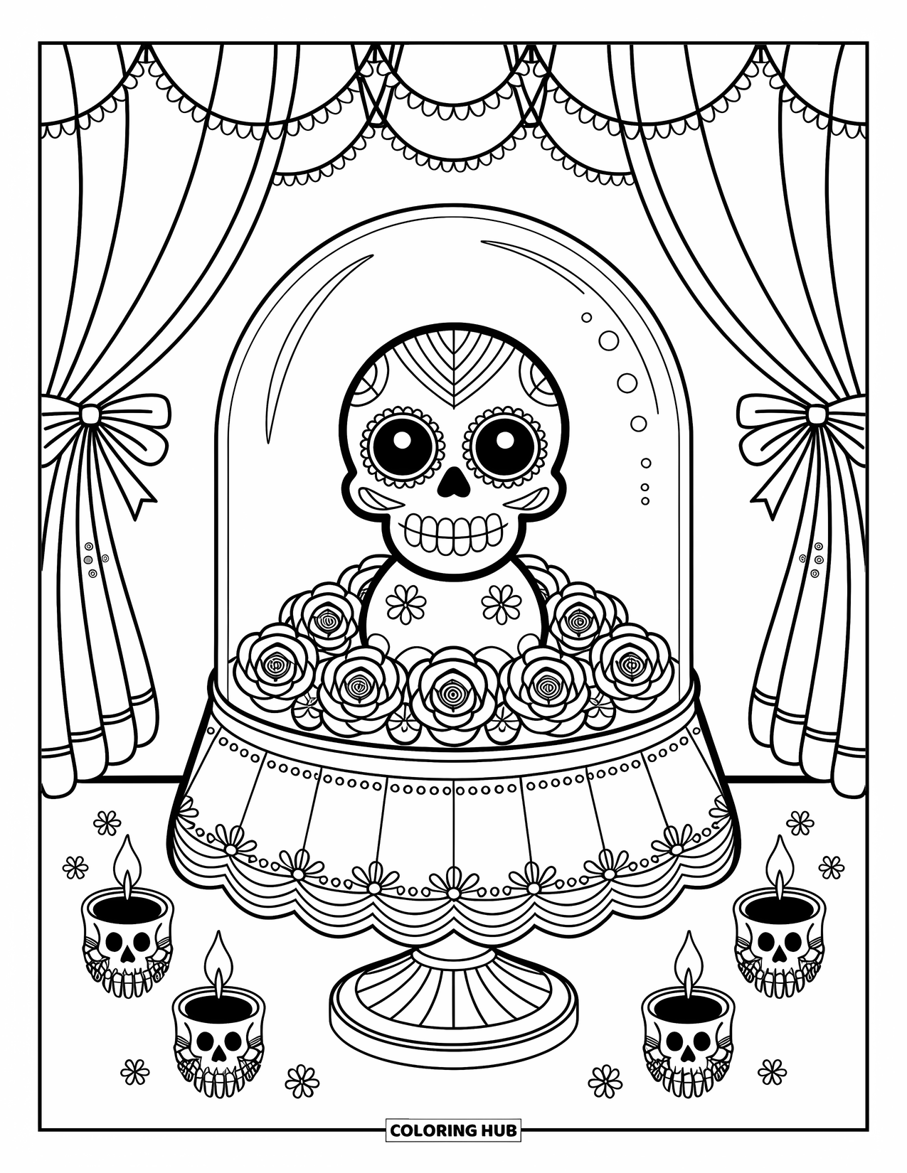 Desen de colorat cu craniu de zahăr pentru adulți: Un craniu de zahăr cu ochi mari se odihnește într-o cutie de sticlă, pe un suport de catifea