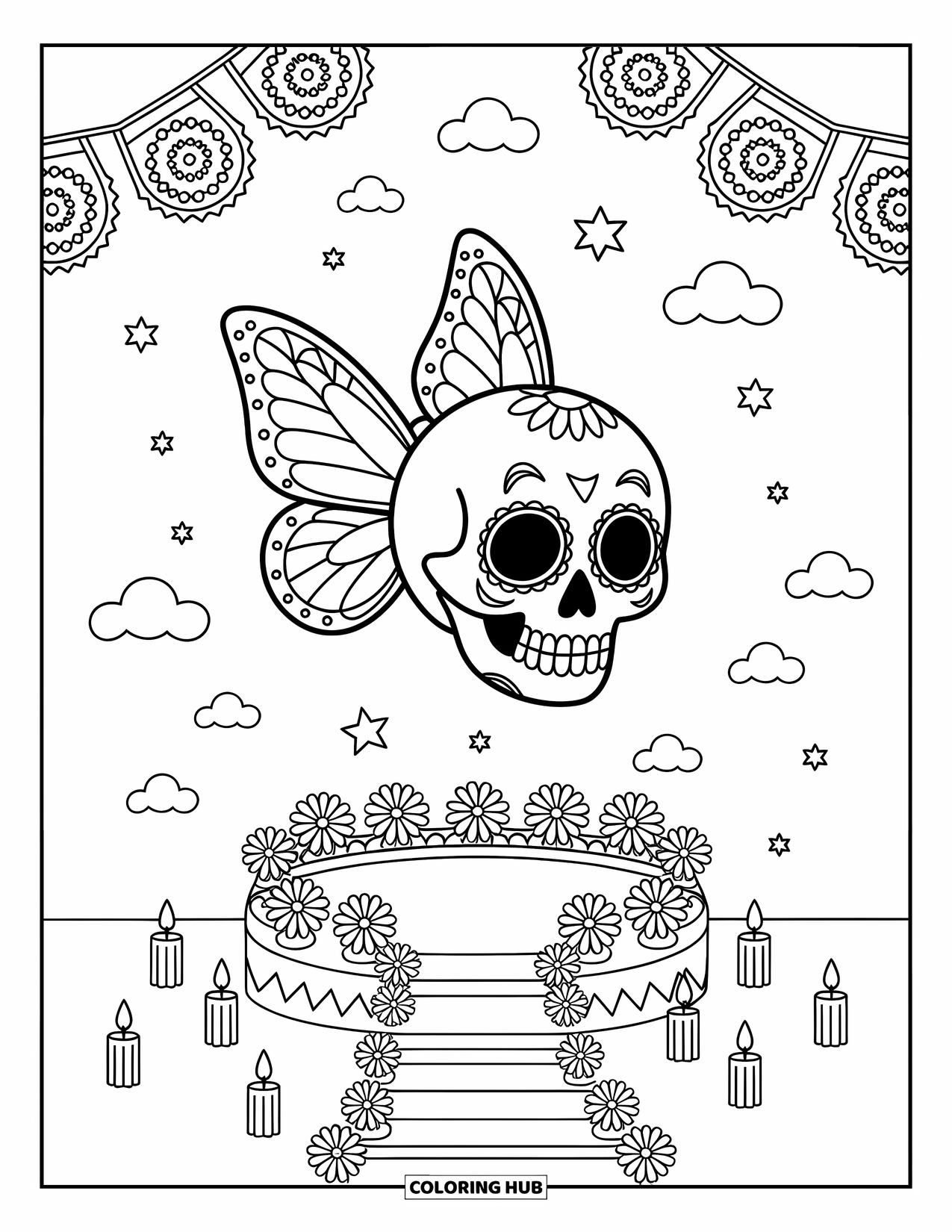 Desen de colorat cu craniu de zahăr pentru adulți: Un craniu de zahăr cu aripi de fluture plutește lângă bannere și nori în formă de floare
