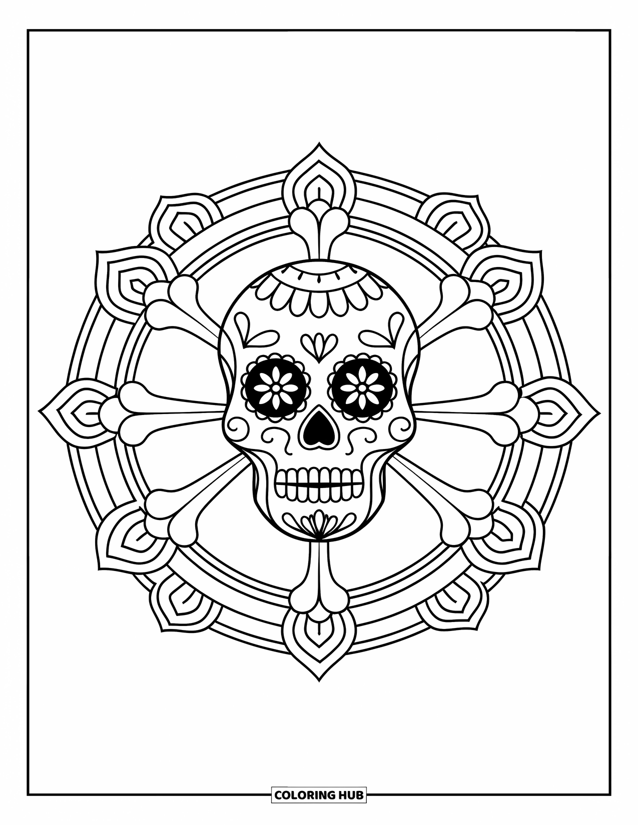 Desen de colorat cu craniu de zahăr pentru adulți: Un craniu de zahăr cu ochi circulari zâmbește într-o mandala de oase și flori