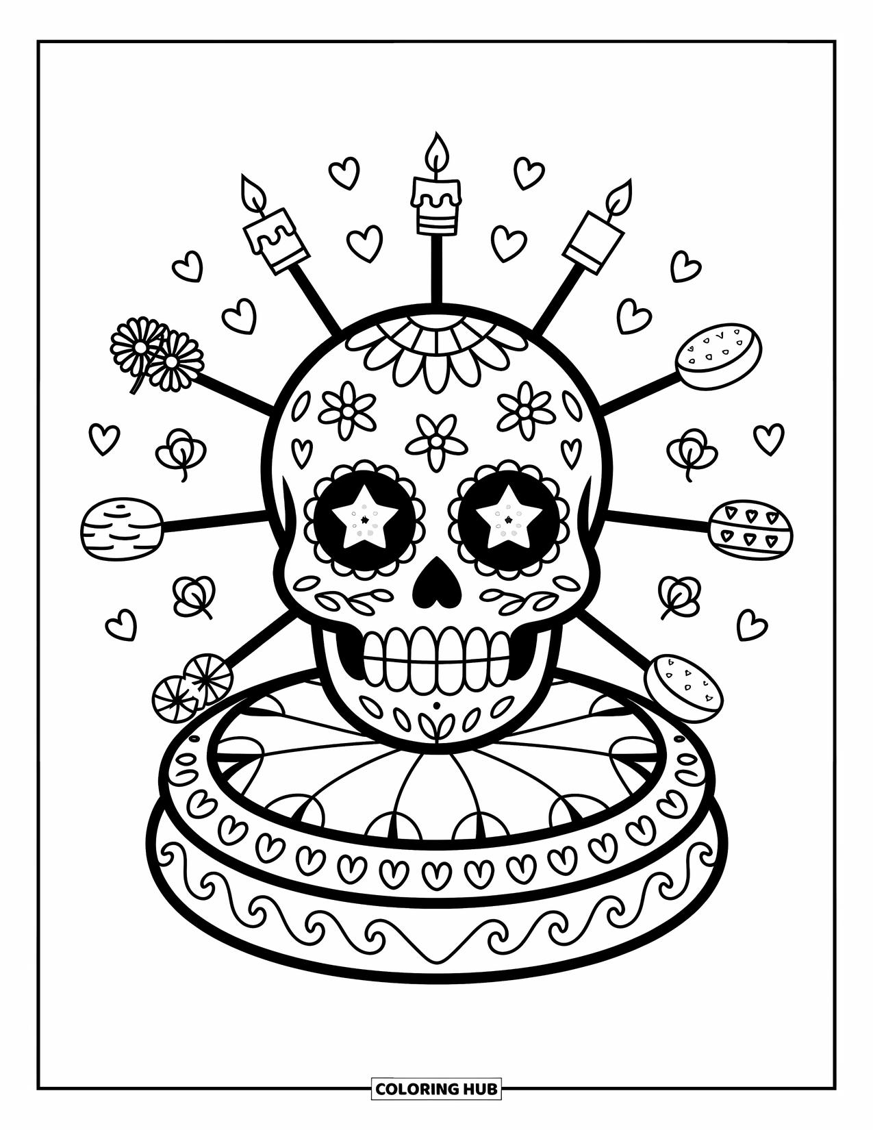 Desen de colorat cu craniu de zahăr pentru adulți: Un craniu de zahăr cu ochi sclipitori stă pe o roată care se învârte, plină de mici pictograme festive