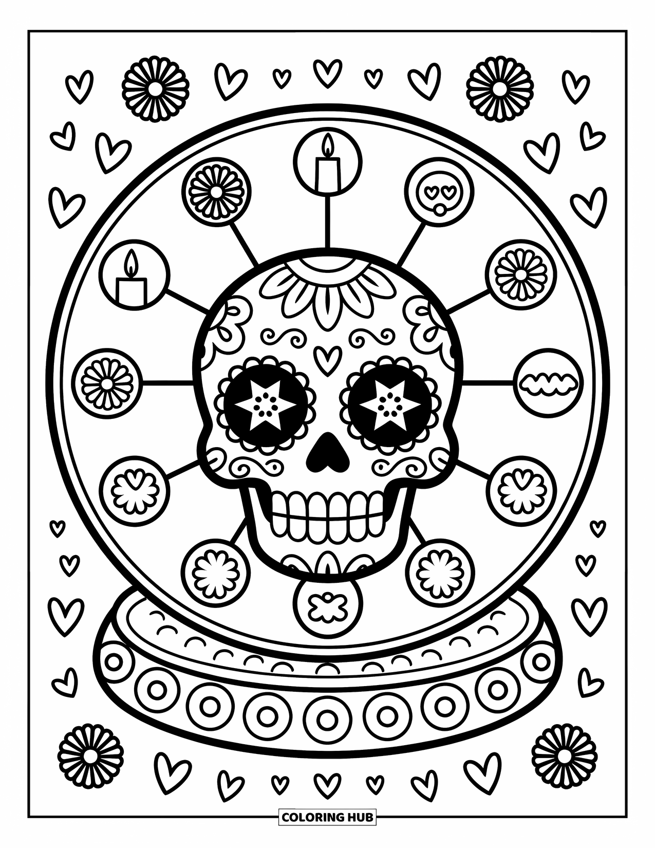 Desen de colorat cu craniu de zahăr pentru adulți: Un craniu de zahăr cu ochi de stele stă în centrul unei roți care se învârte, decorată