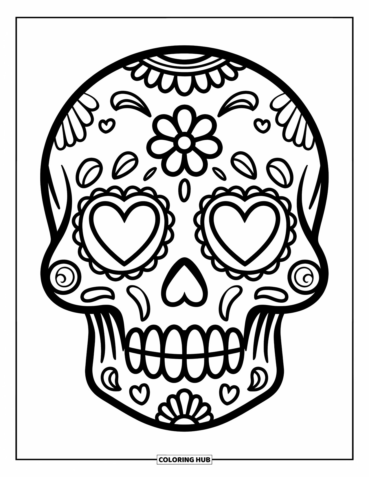 Desen de colorat cu craniu de zahăr pentru copii: Un craniu de zahăr, ca o bomboană, cu ochi de inimă și o floare, stă fericit