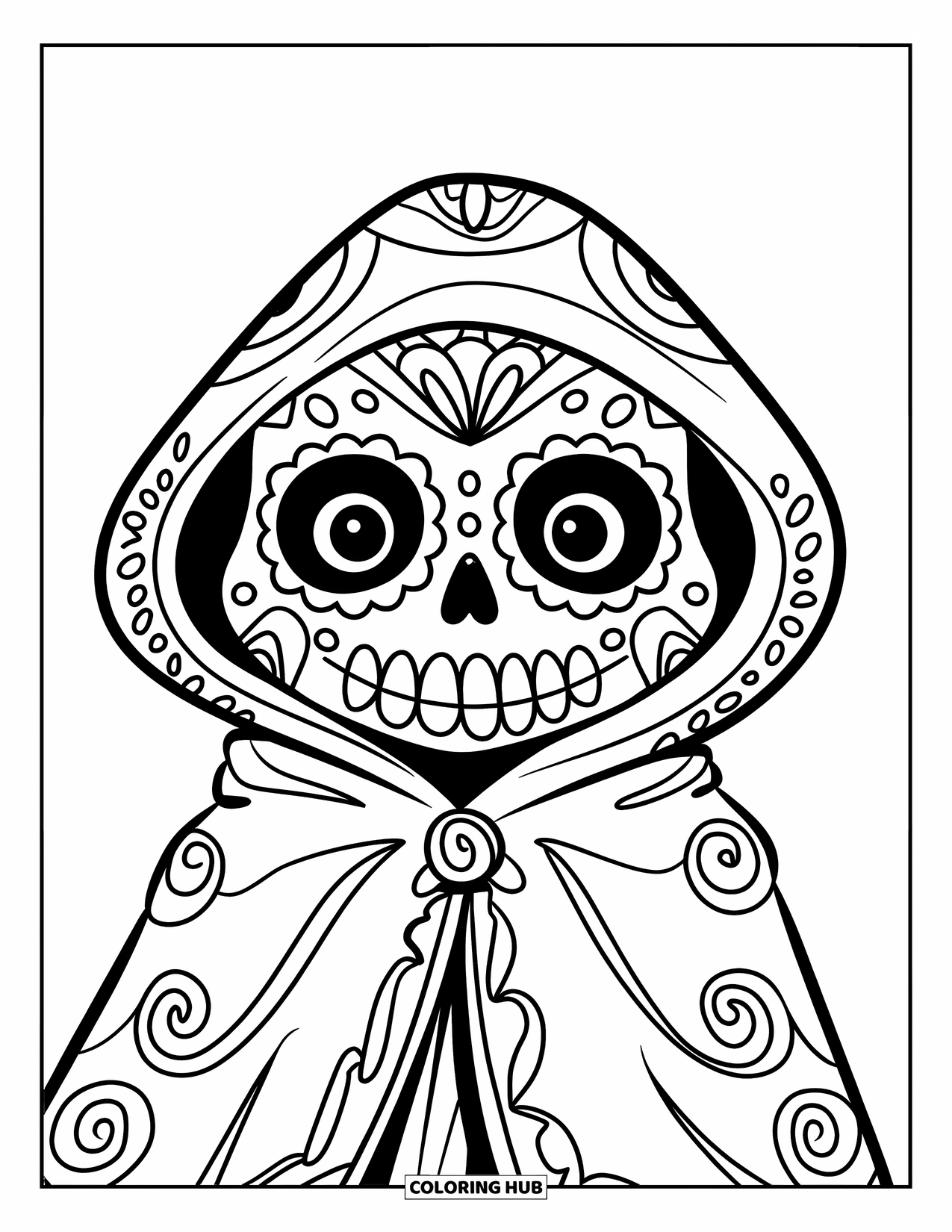 Desen de colorat cu craniu de zahăr pentru copii: Un craniu vesel poartă o mantie cu modele și are detalii îndrăznețe, punctate, pe față