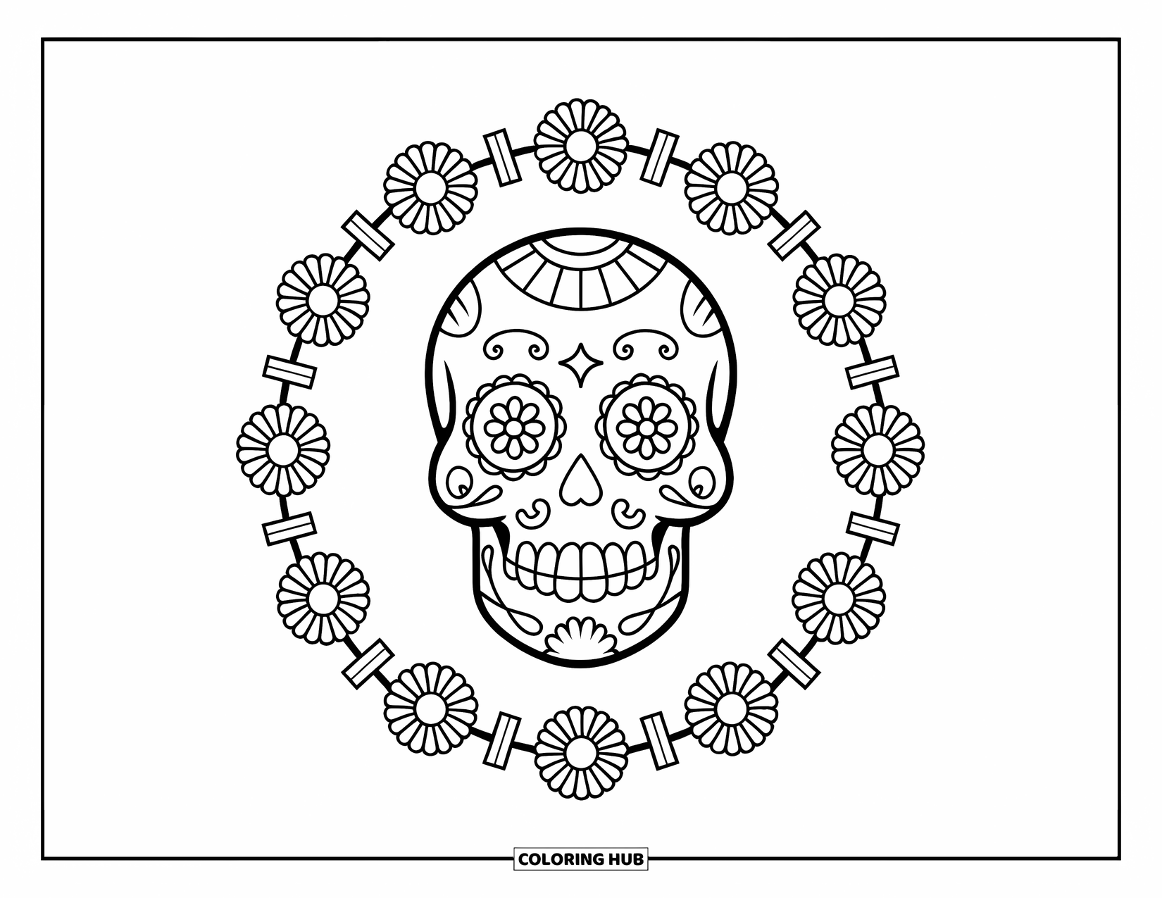 Desen de colorat cu craniu de zahăr pentru copii: Un craniu vesel, cu un zâmbet mare, stă într-o coroană circulară de flori