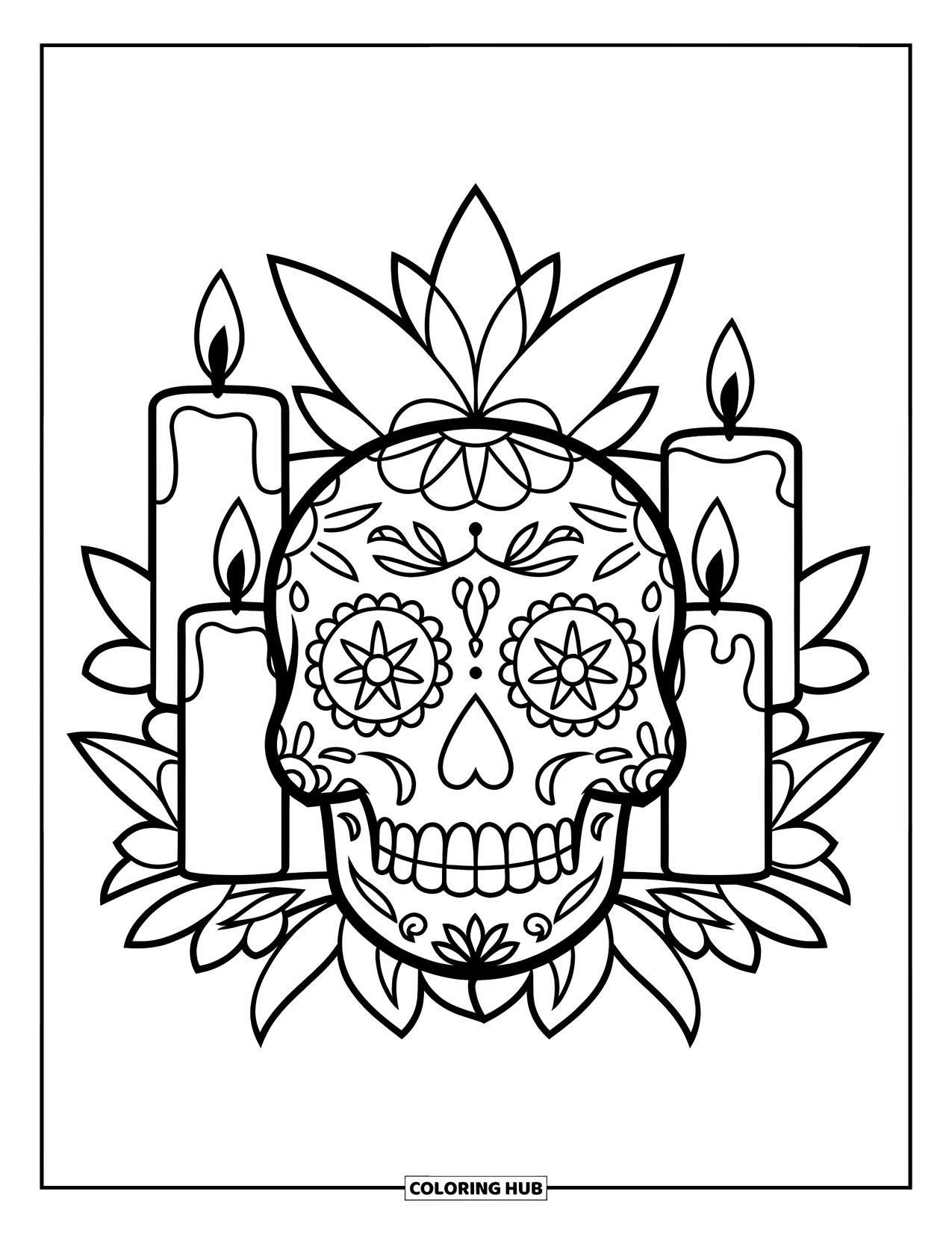 Desen de colorat cu craniu de zahăr pentru copii: Un craniu vesel, cu modele amuzante, este înconjurat de lumânări și forme frunzoase