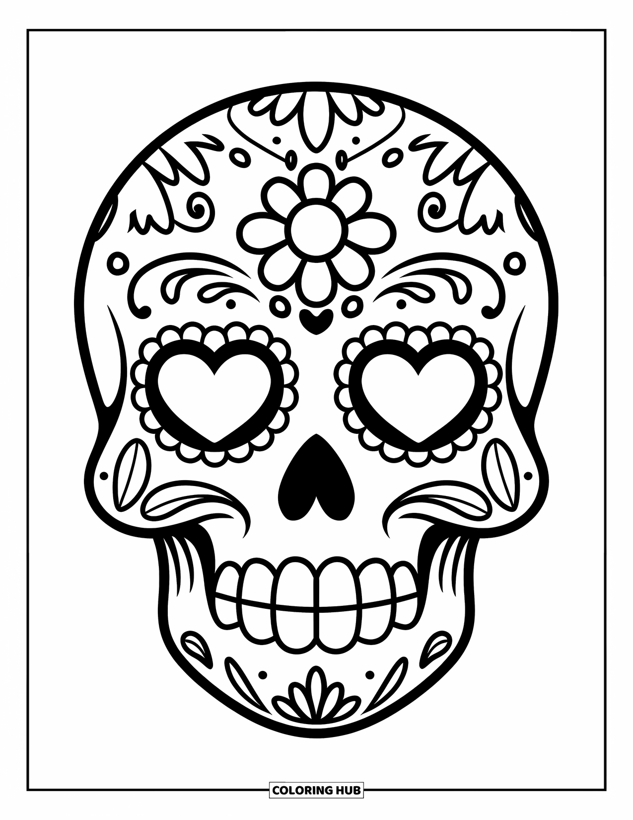Desen de colorat cu craniu de zahăr pentru copii: Un craniu de zahăr vesel zâmbește larg, cu ochi de inimă și o floare simplă pe frunte