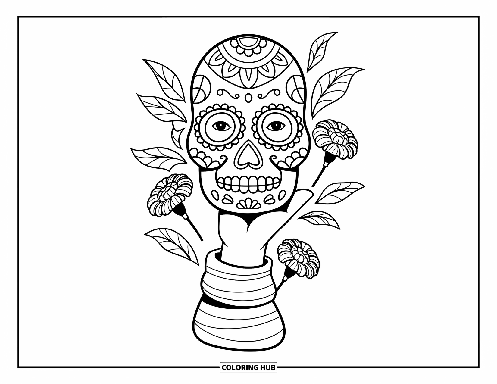 Desen de colorat cu craniu de zahăr pentru copii: O mână confortabilă, în dungi, ține o mască de craniu de zahăr cu flori în jurul ei