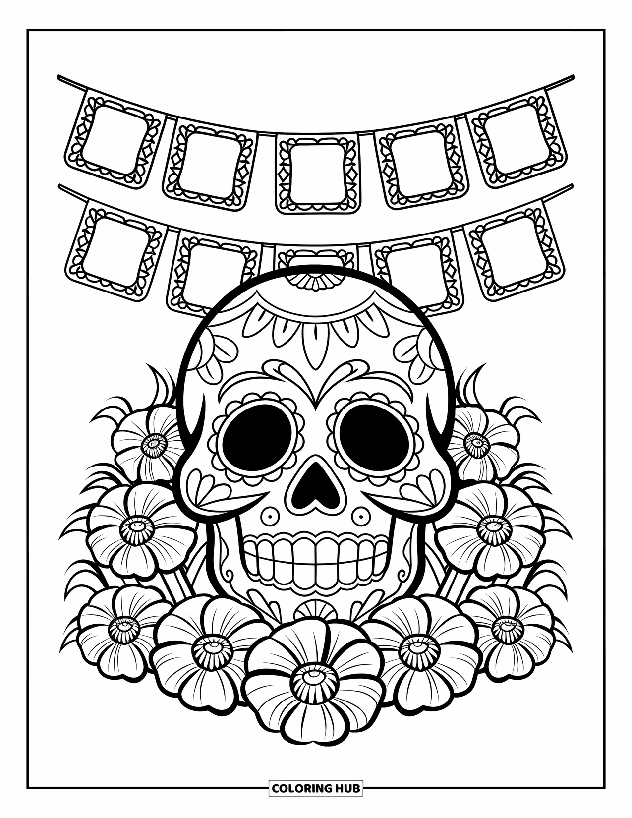 Desen de colorat cu craniu de zahăr pentru copii: Un craniu decorat zâmbește luminos, cu bannere și flori de gălbenele peste tot