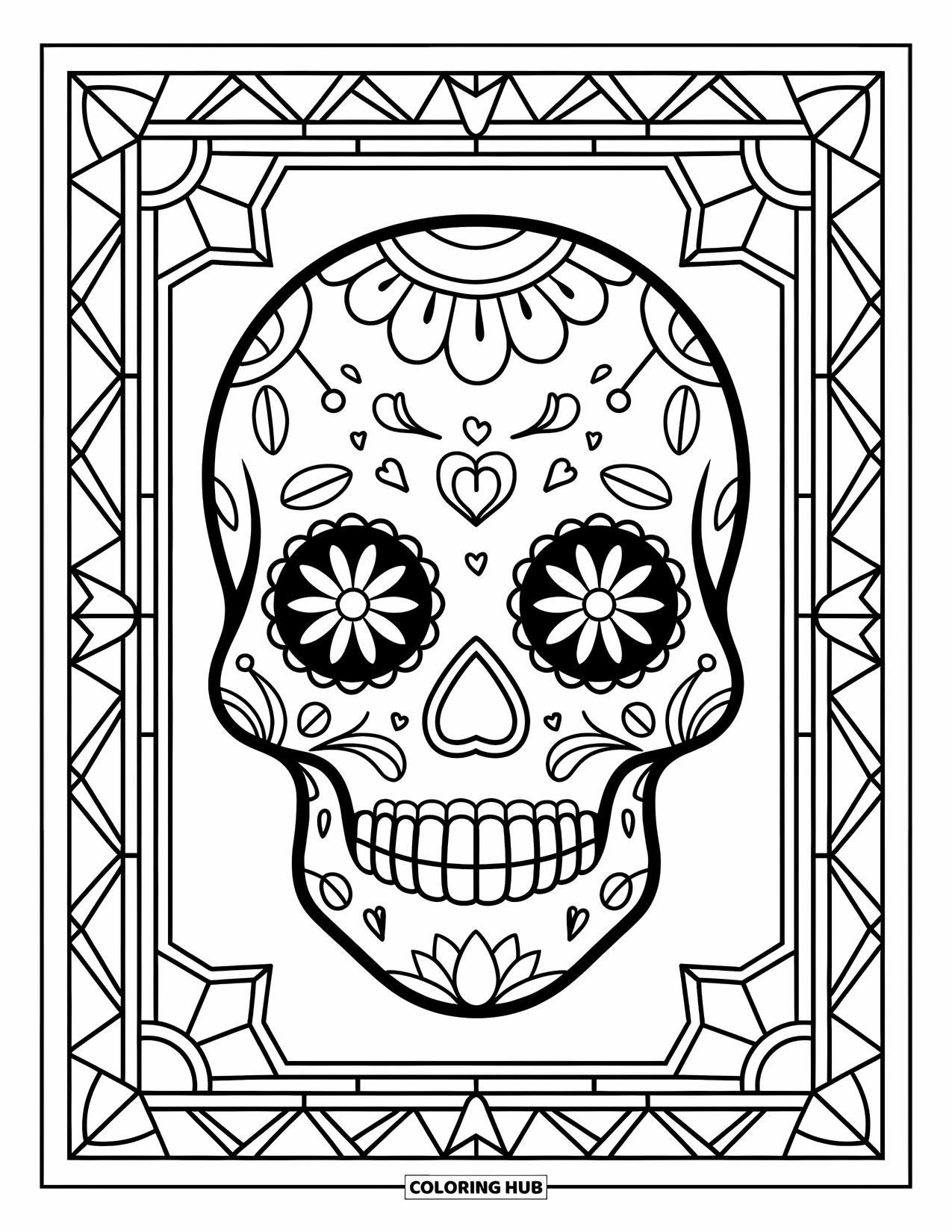 Desen de colorat cu craniu de zahăr pentru copii: Un craniu de zahăr decorat floral este încadrat de borduri cu modele de vitralii