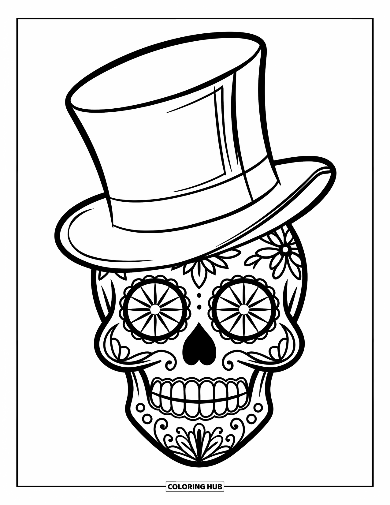 Desen de colorat cu craniu de zahăr pentru copii: Un craniu de zahăr floral zâmbește luminos sub un joben înclinat