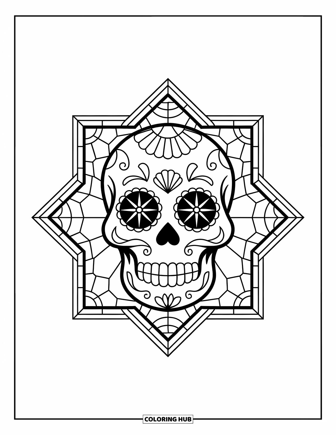Desen de colorat cu craniu de zahăr pentru copii: Un craniu de zahăr cu modele stă în interiorul unei borduri în stilul vitraliilor
