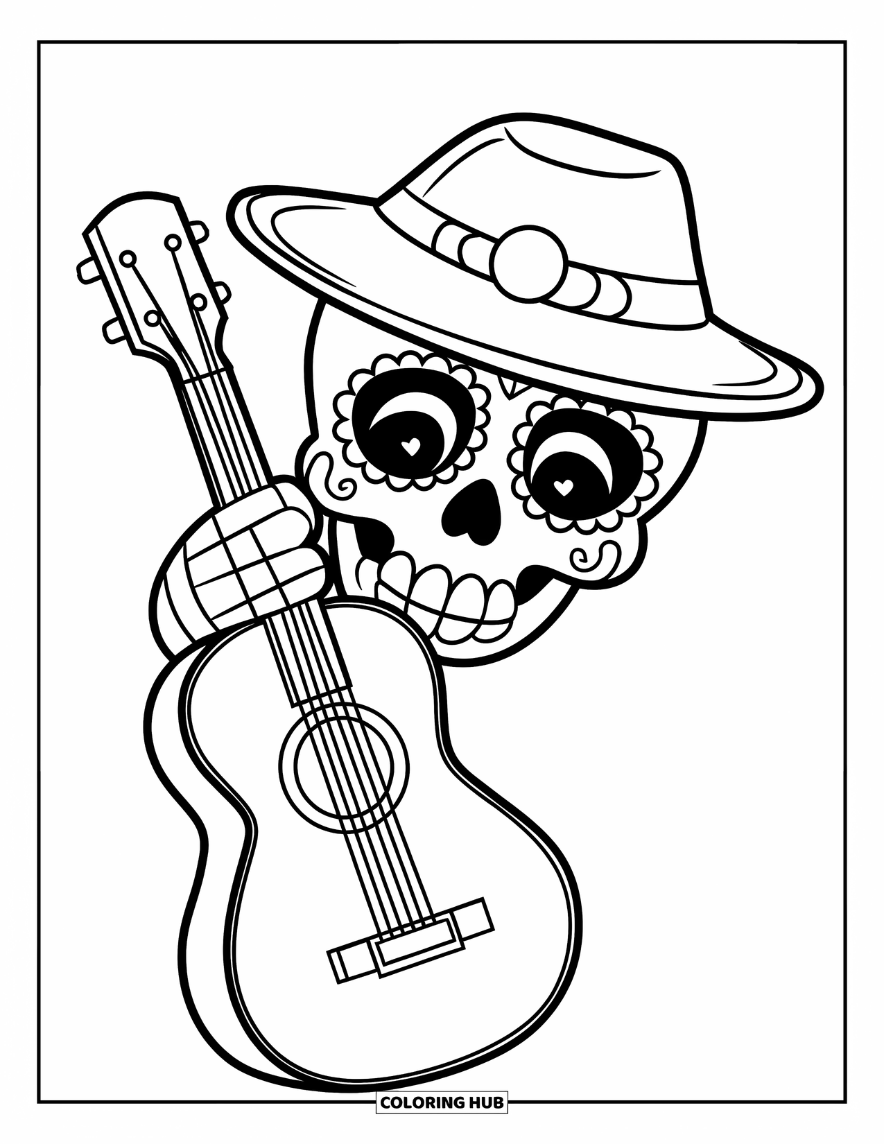 Desen de colorat cu craniu de zahăr pentru copii: Un craniu cu o pălărie ține ușor o chitară lângă el