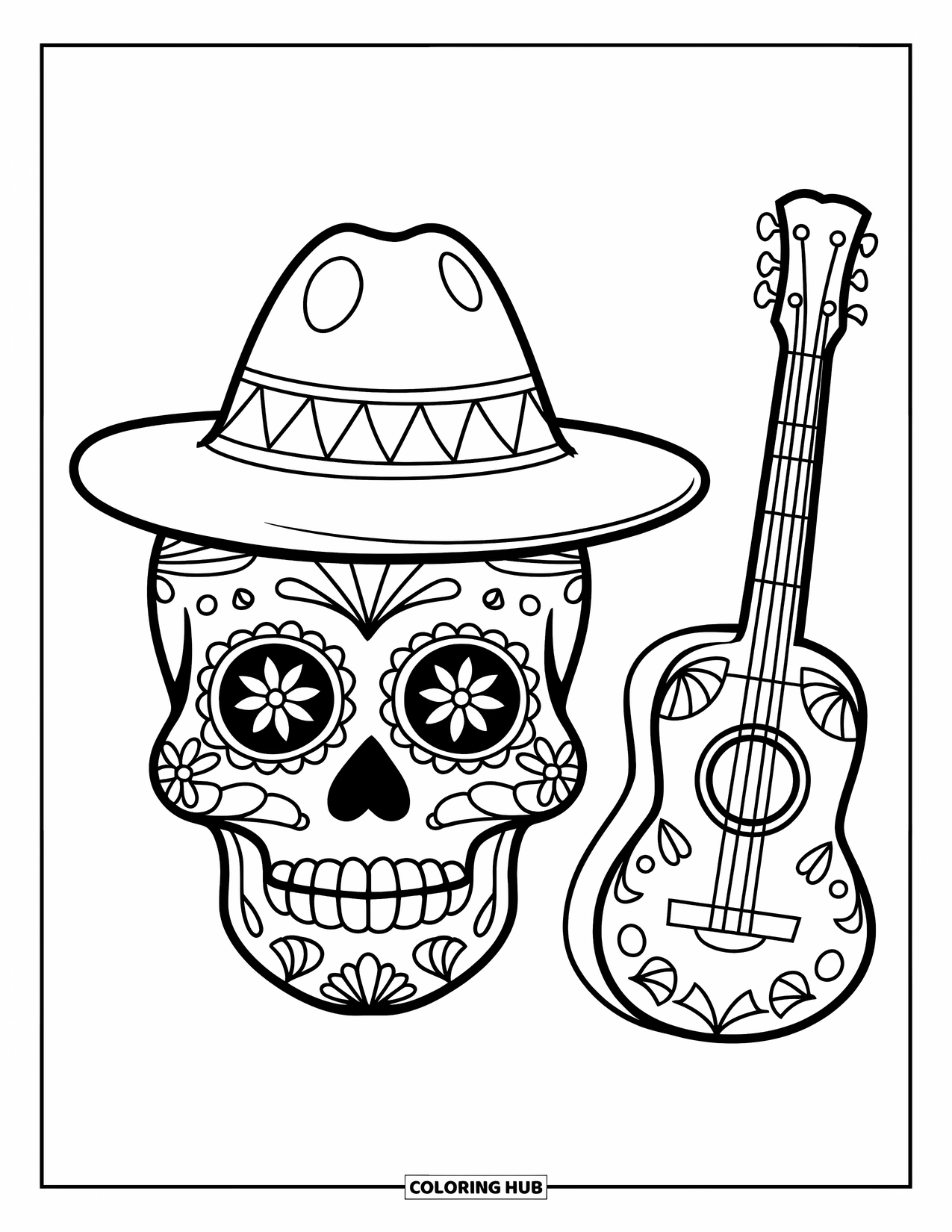 Desen de colorat cu craniu de zahăr pentru copii: Un craniu zâmbitor cu o pălărie se sprijină lângă o chitară, lateral
