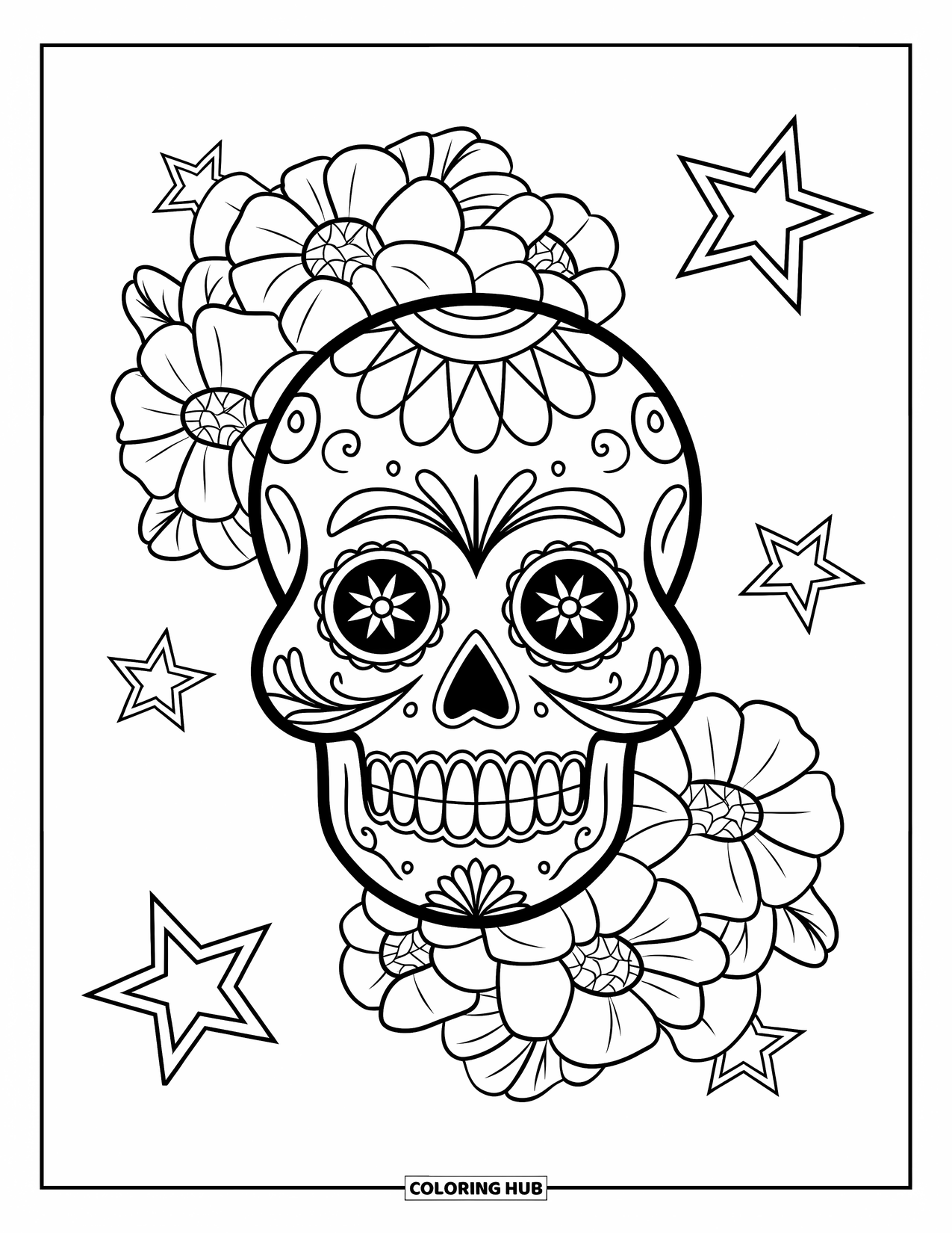 Desen de colorat cu craniu de zahăr pentru copii: Un craniu de zahăr zâmbitor este încadrat de gălbenele și forme îndrăznețe de stele