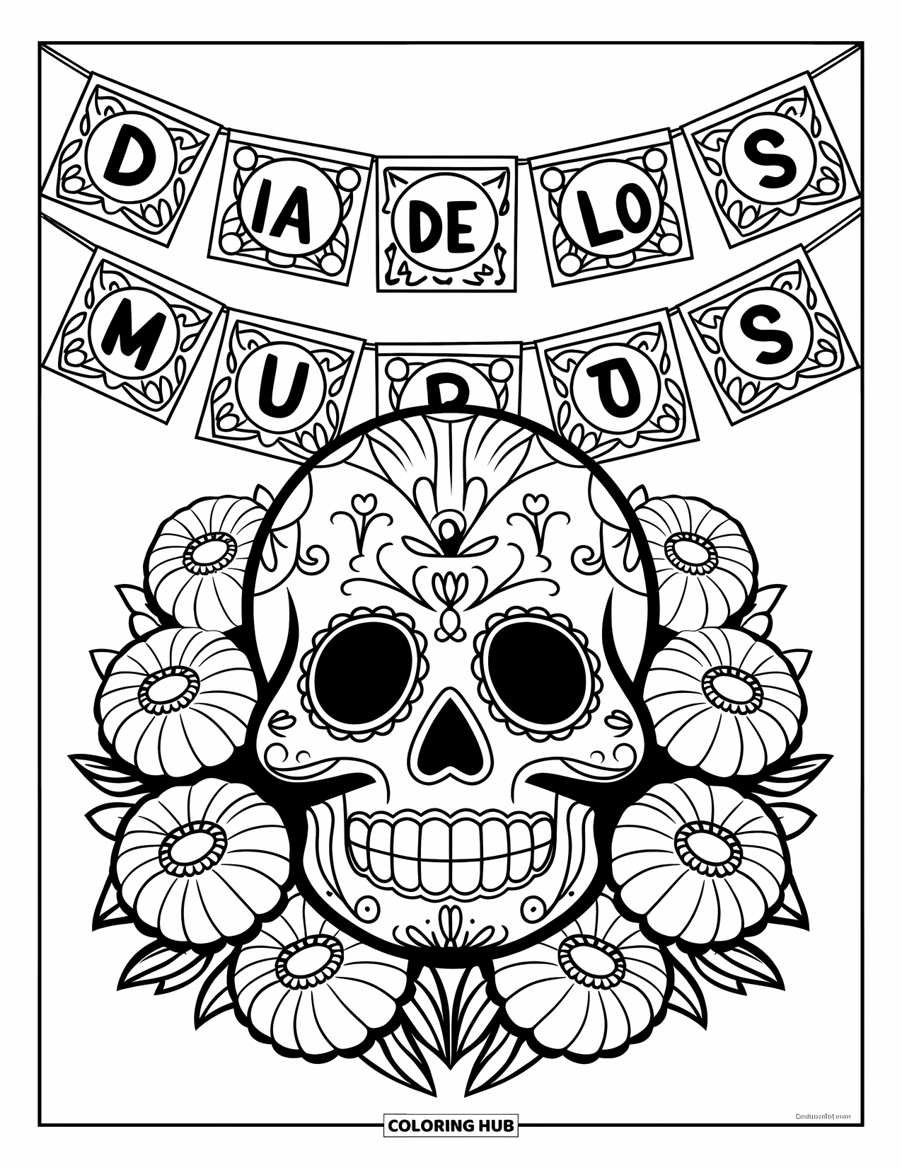 Desen de colorat cu craniu de zahăr pentru copii: Un craniu de zahăr zâmbitor este înconjurat de gălbenele și bannere festive