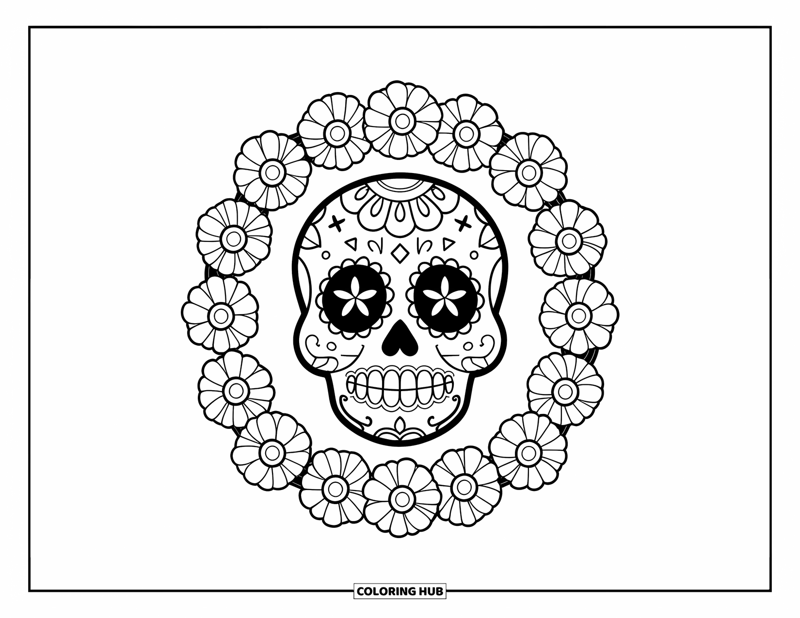Desen de colorat cu craniu de zahăr pentru copii: Un craniu de zahăr zâmbitor se odihnește într-o coroană de gălbenele și în formă de cruce