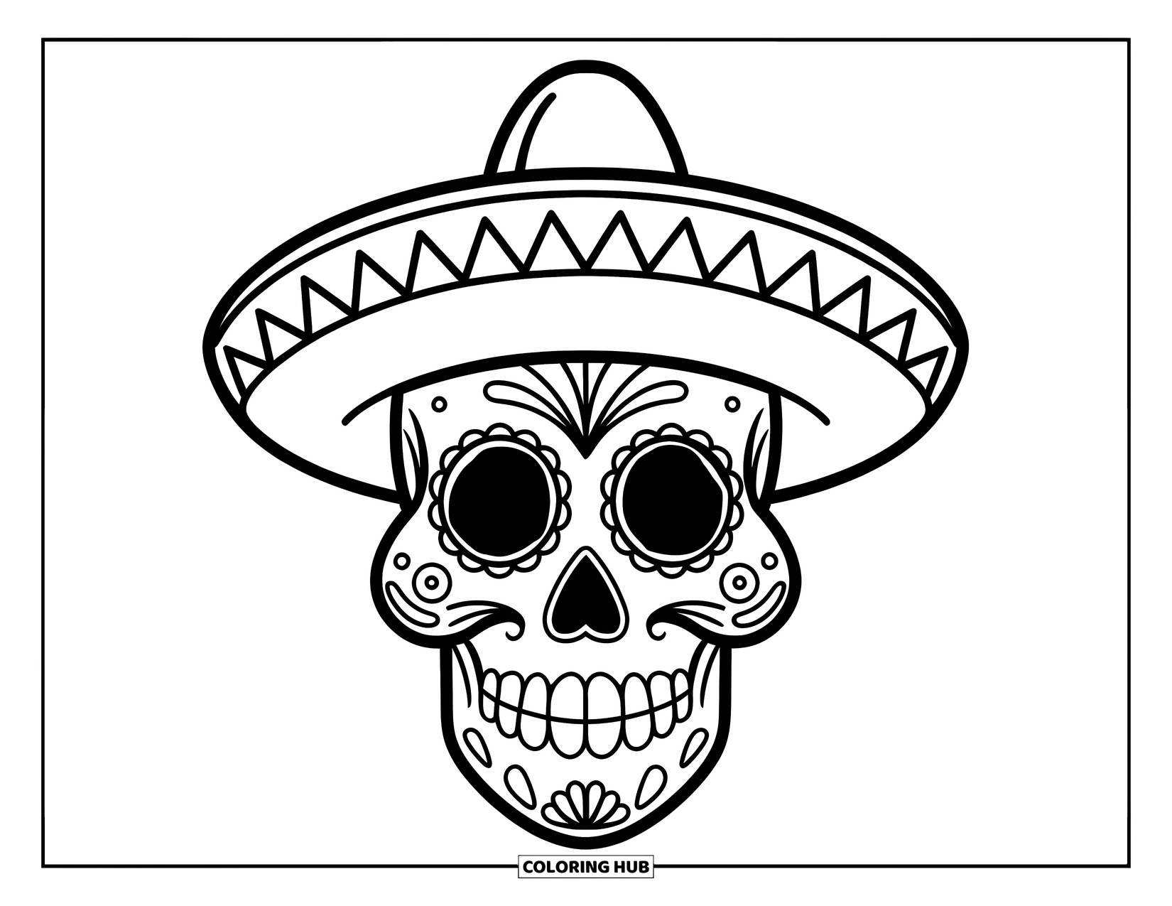 Desen de colorat cu craniu de zahăr pentru copii: Un craniu de zahăr zâmbitor poartă un sombrero și decorațiuni simple, punctate