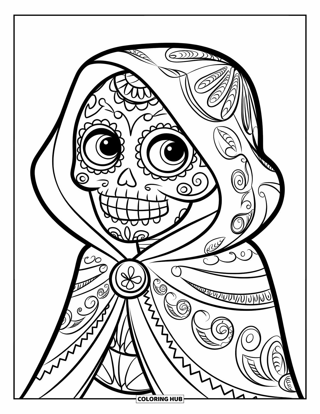 Desen de colorat cu craniu de zahăr pentru copii: Un personaj craniu de zahăr zâmbește sub o mantie detaliată, cu desene spiralate