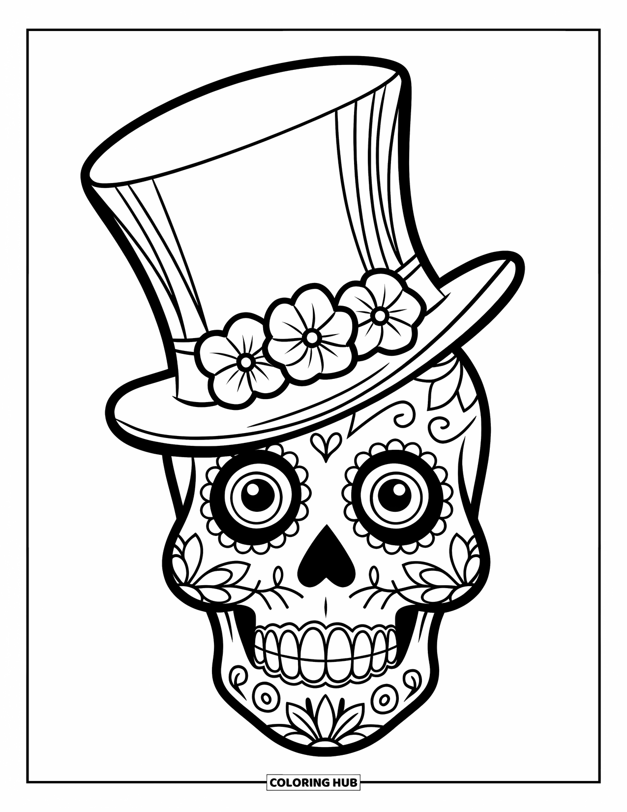 Desen de colorat cu craniu de zahăr pentru copii: Un craniu de zahăr într-un joben cu flori zâmbește luminos într-o scenă confortabilă