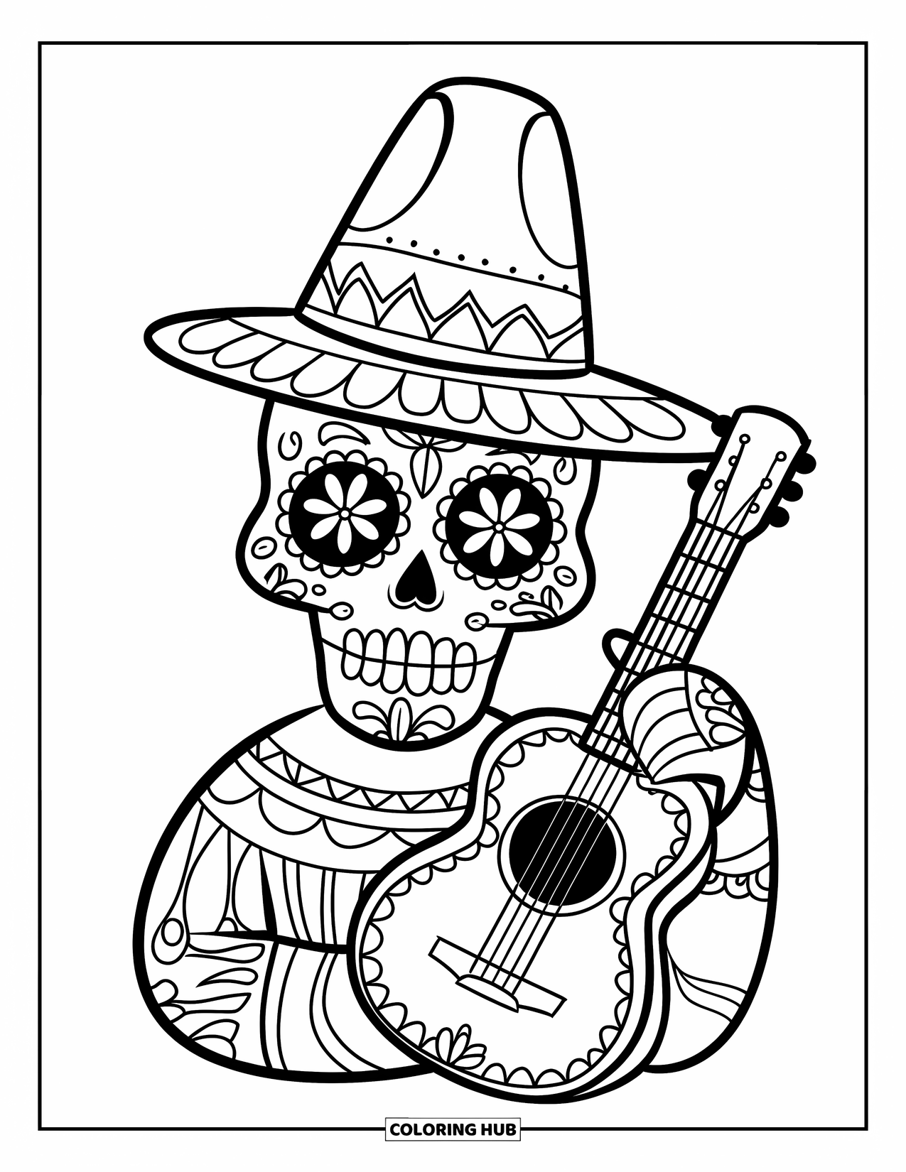 Desen de colorat cu craniu de zahăr pentru copii: Un craniu de zahăr cu o pălărie ține o chitară aproape de față