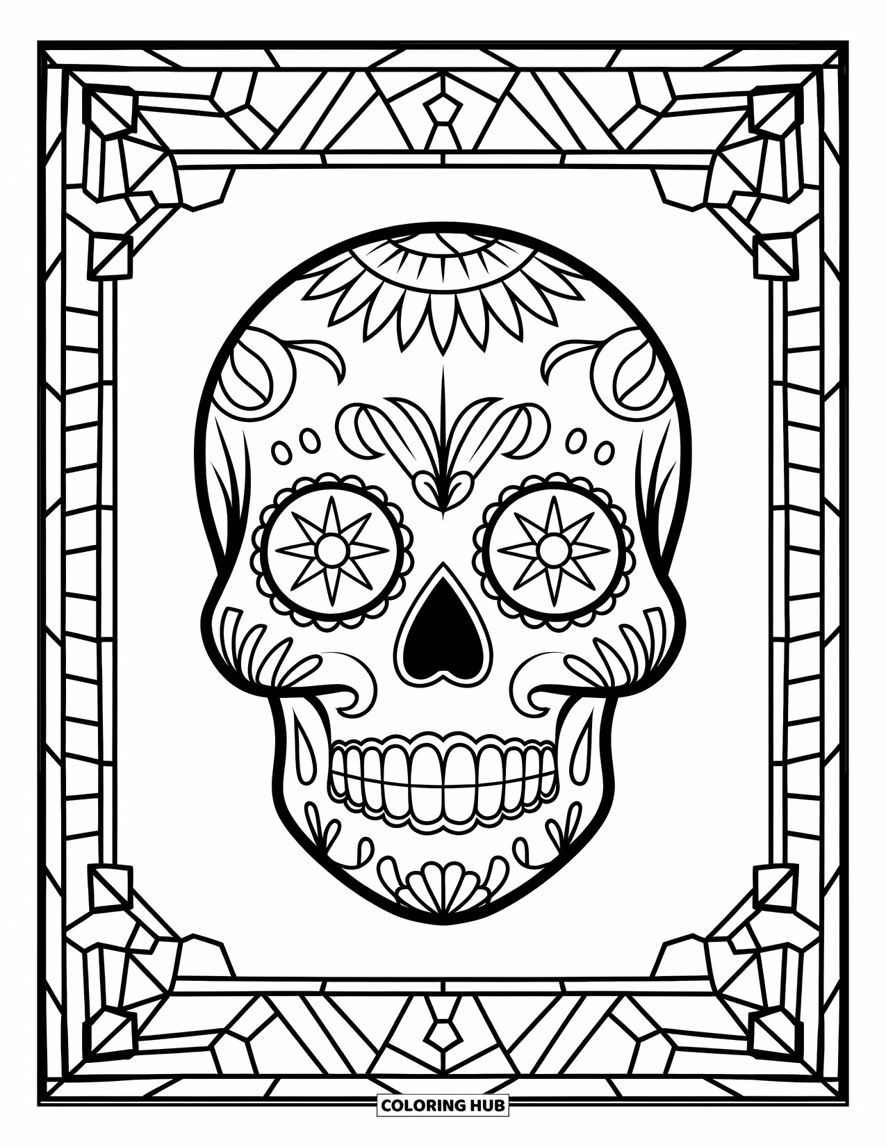 Desen de colorat cu craniu de zahăr pentru copii: Un craniu de zahăr este încadrat de forme și modele îndrăznețe, în stilul vitraliilor