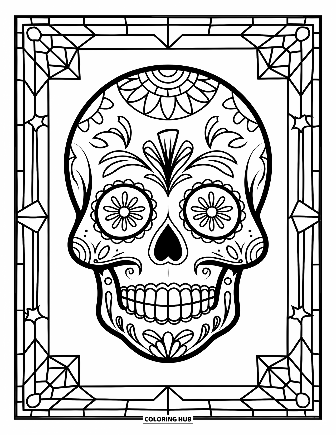 Desen de colorat cu craniu de zahăr pentru copii: Un craniu de zahăr este încadrat de desene geometrice de vitralii