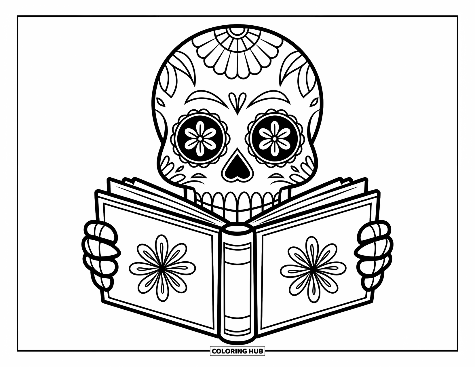 Desen de colorat cu craniu de zahăr pentru copii: Un craniu de zahăr cu modele frumoase pe față citește o carte florală