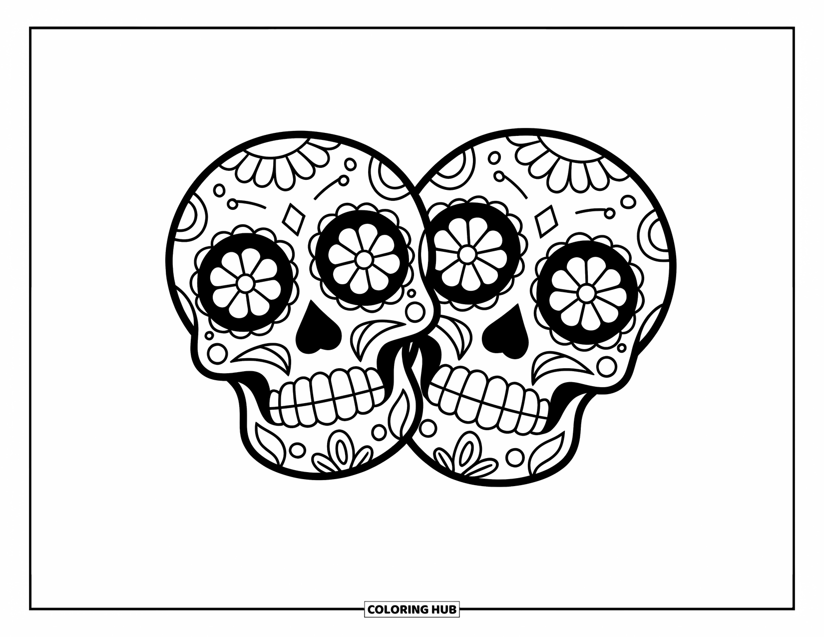 Desen de colorat cu craniu de zahăr pentru copii: Cranii de zahăr alăturate își arată ochii mari de flori și decorațiunile jucăușe