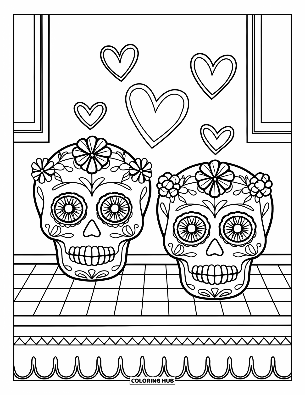 Desen de colorat cu craniu de zahăr pentru copii: Cranii de zahăr cu coroane de flori stau pe o masă în carouri, cu inimioare deasupra