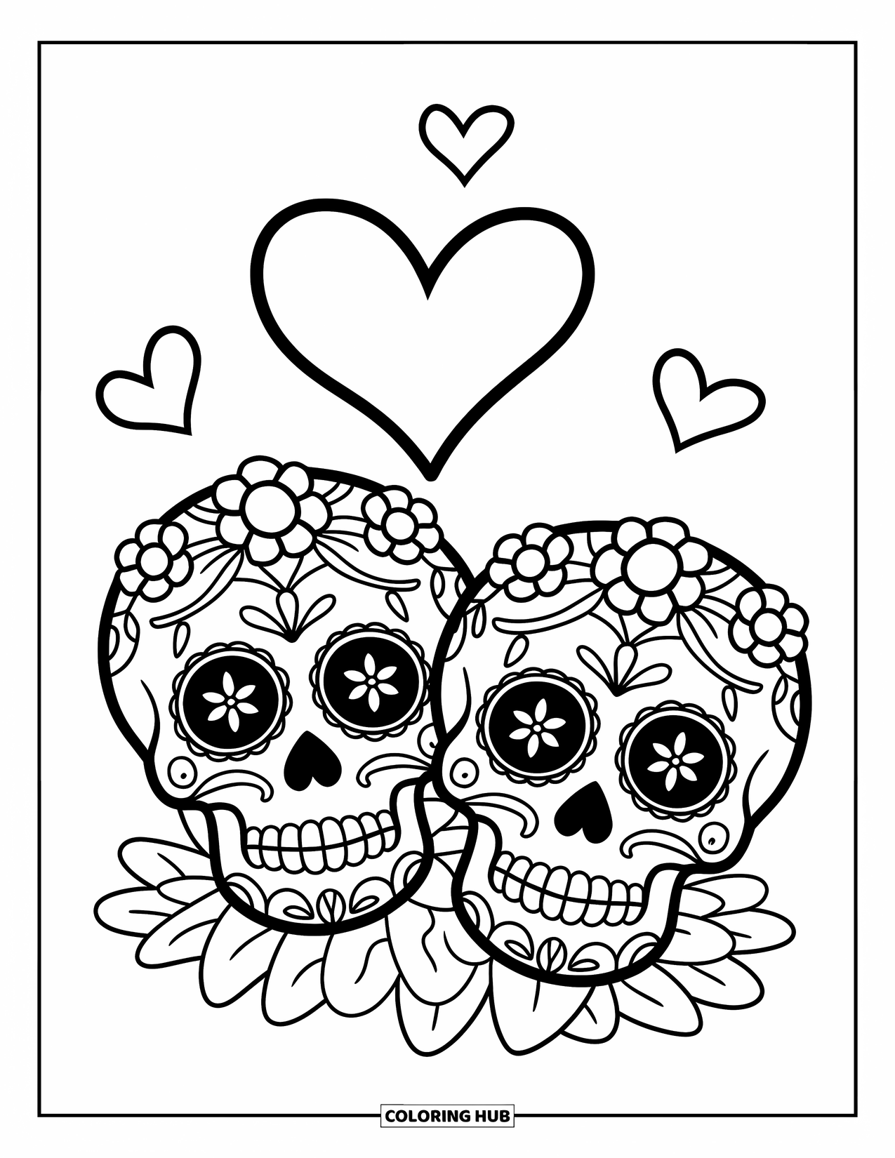 Desen de colorat cu craniu de zahăr pentru copii: Două cranii de zahăr cu coroane de flori se odihnesc pe petale, cu inimioare deasupra lor