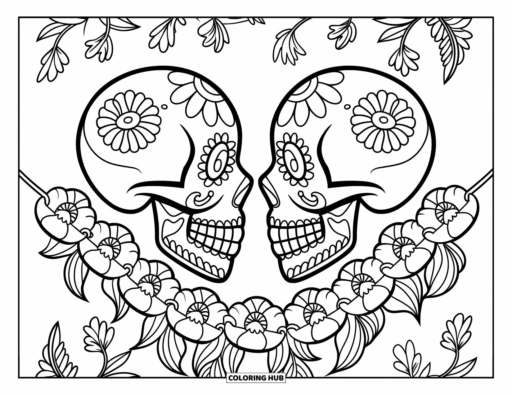 Desen de colorat cu craniu de zahăr pentru copii: Două cranii de zahăr fericite sunt legate de o ghirlandă de flori de gălbenele înflorite