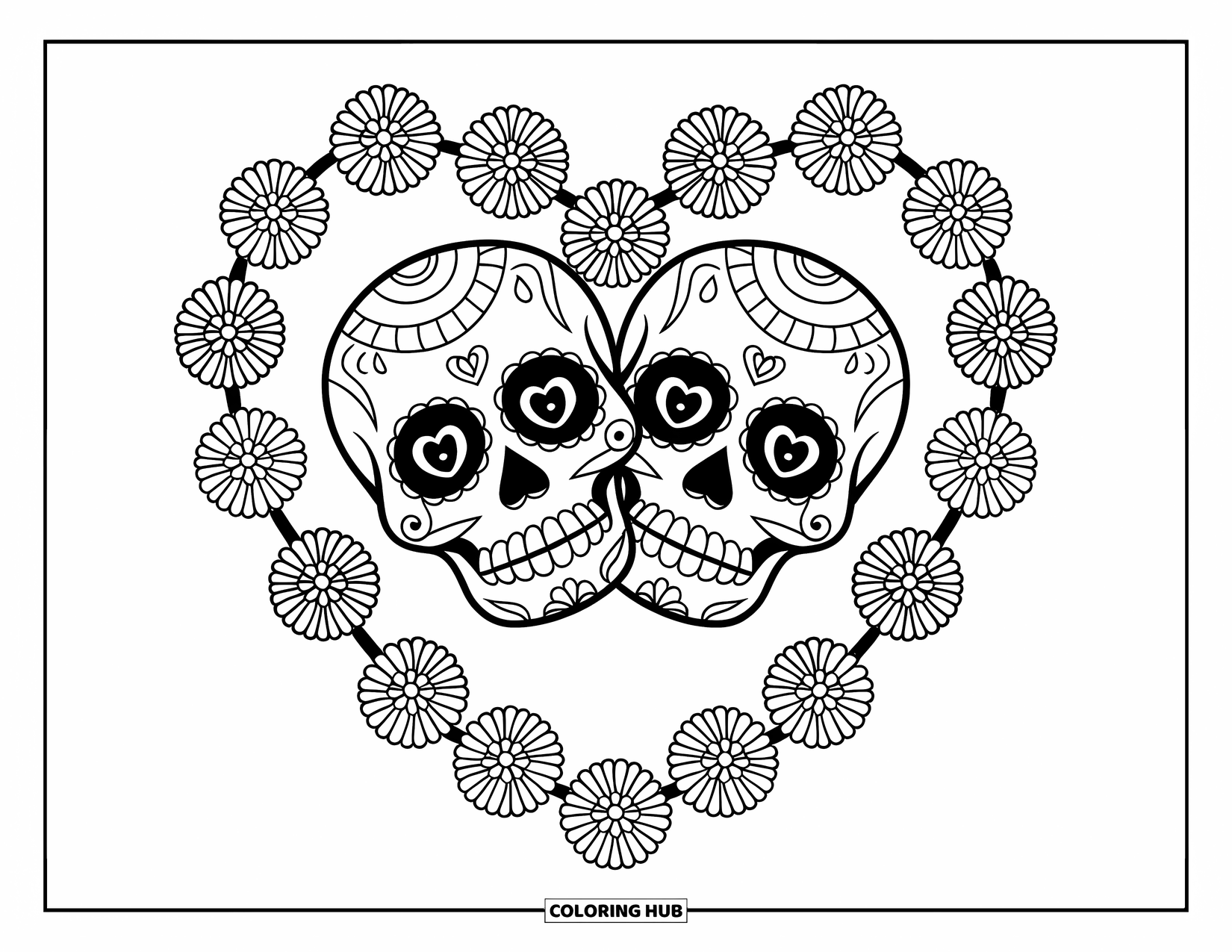 Desen de colorat cu craniu de zahăr pentru copii: Două cranii de zahăr îndrăgostite sunt unite de o ghirlandă dulce de gălbenele