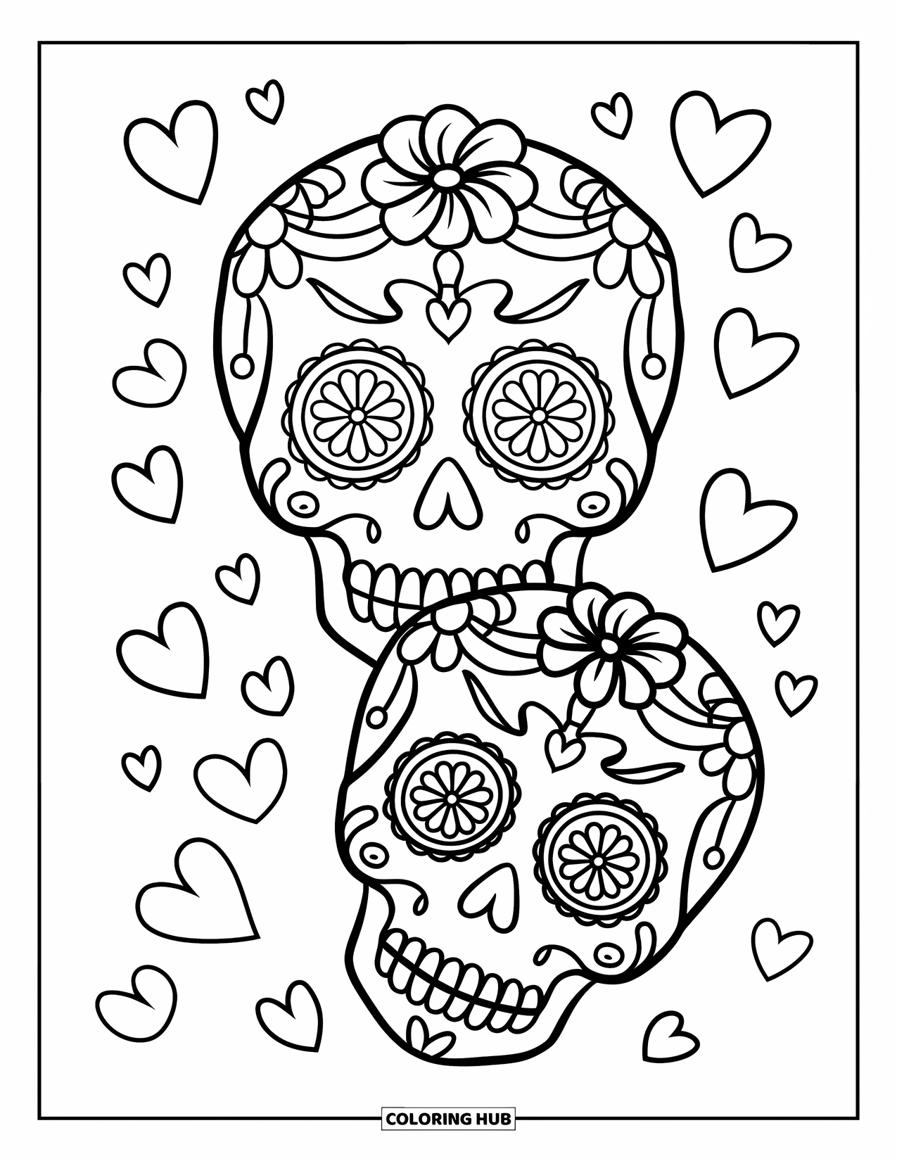 Desen de colorat cu craniu de zahăr pentru copii: Două cranii de zahăr cu coroane florale zâmbesc sub inimioare plutitoare
