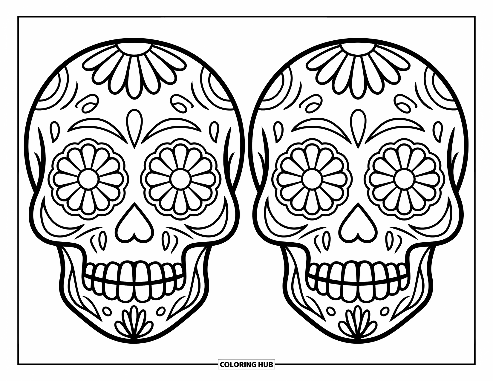 Desen de colorat cu craniu de zahăr pentru copii: Două cranii de zahăr cu ochi de flori stau unul lângă altul într-un design amuzant