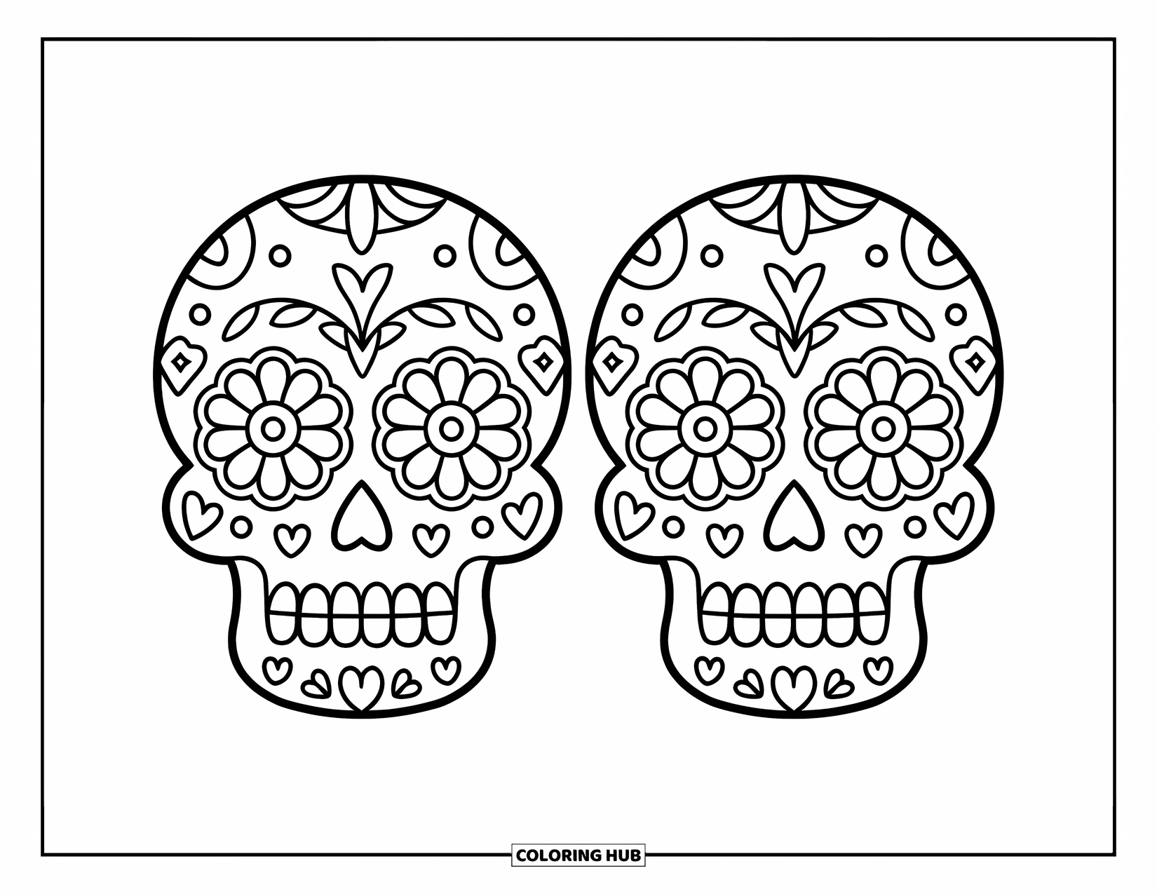 Desen de colorat cu craniu de zahăr pentru copii: Două cranii de zahăr cu inimioare și stele în jurul lor zâmbesc cu ochi mari de flori