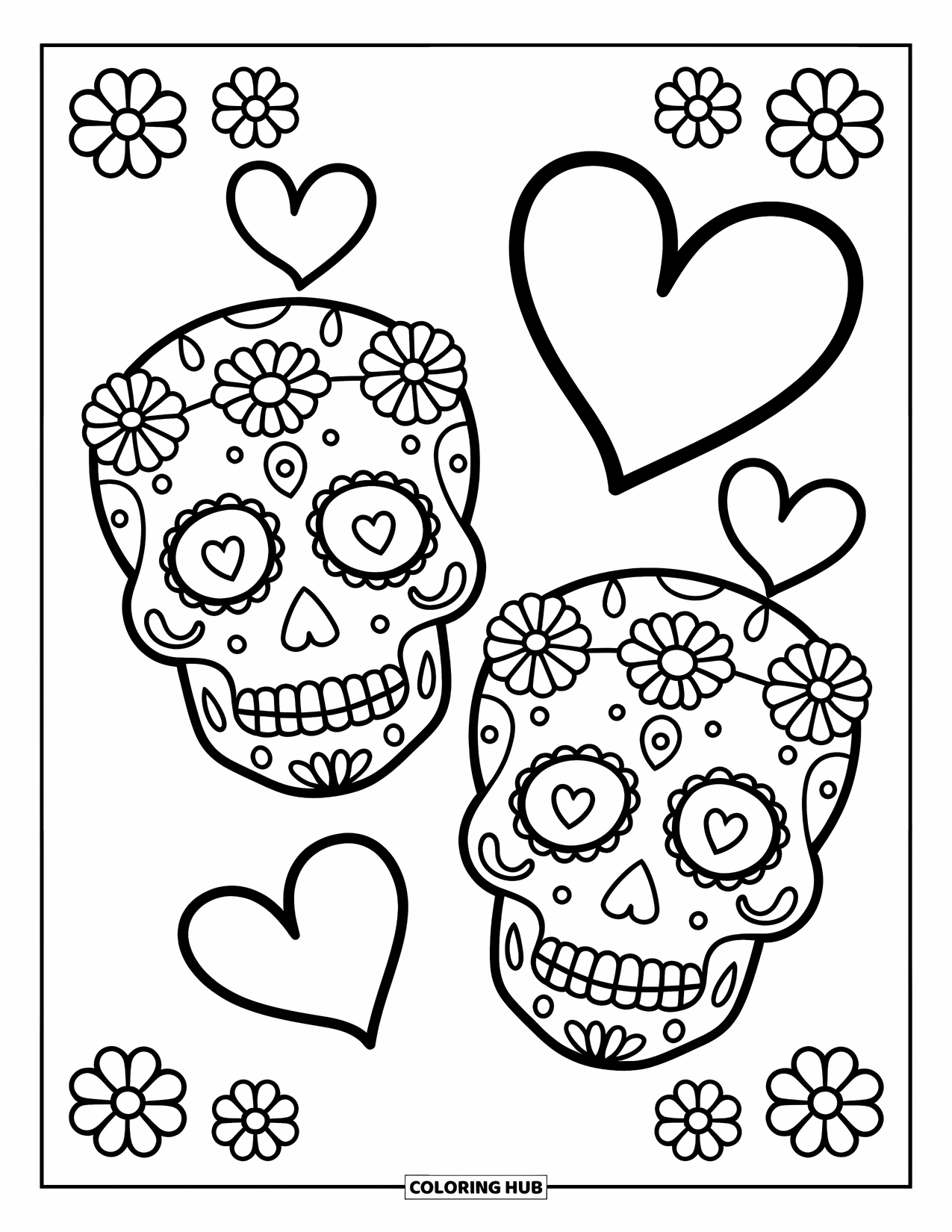 Desen de colorat cu craniu de zahăr pentru copii: Două cranii dulci poartă coroane de flori cu inimioare mici deasupra