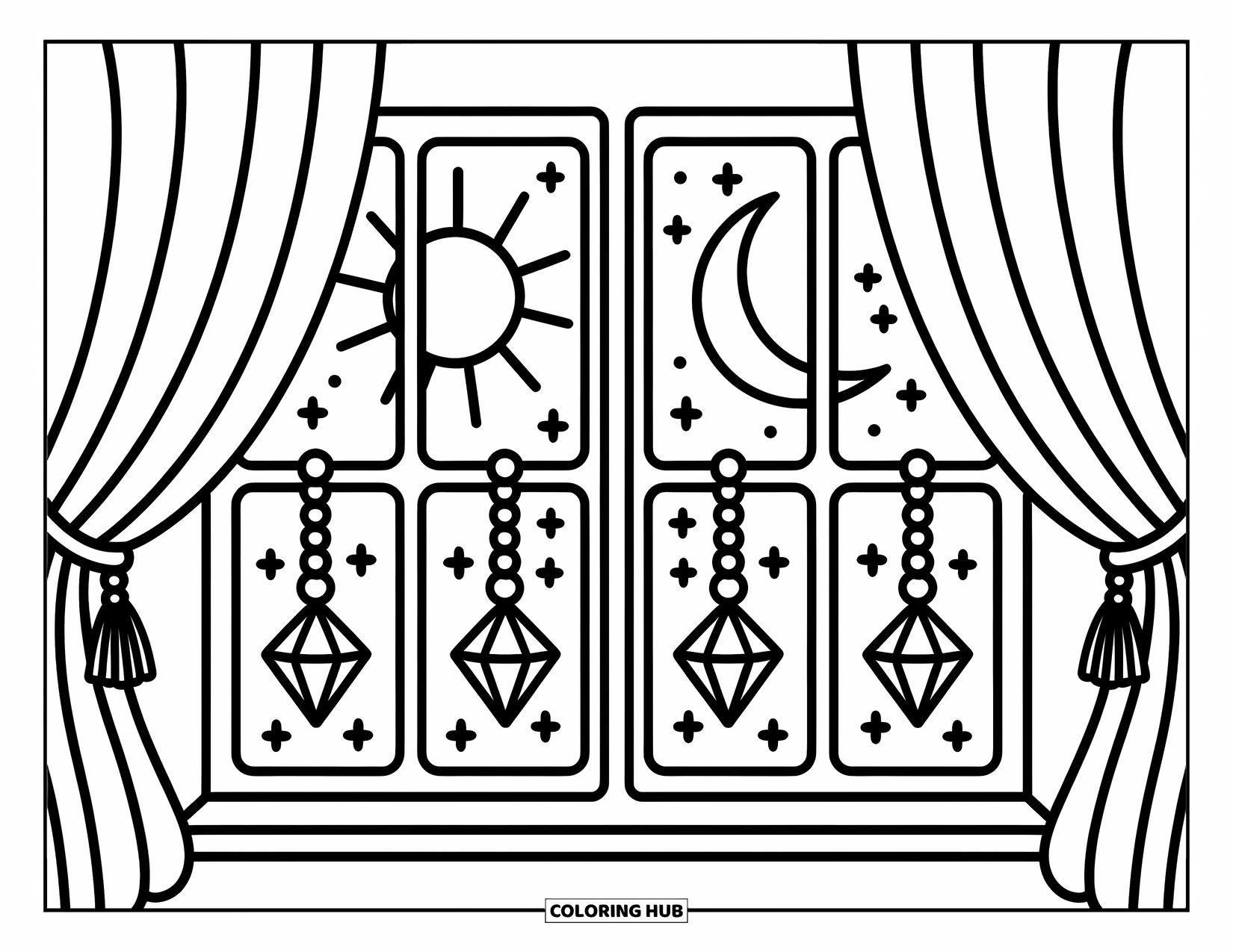 Sun And Moon Coloring Page for Adults: A calm window scene with sun, moon, soft curtains, and dangling moon charms