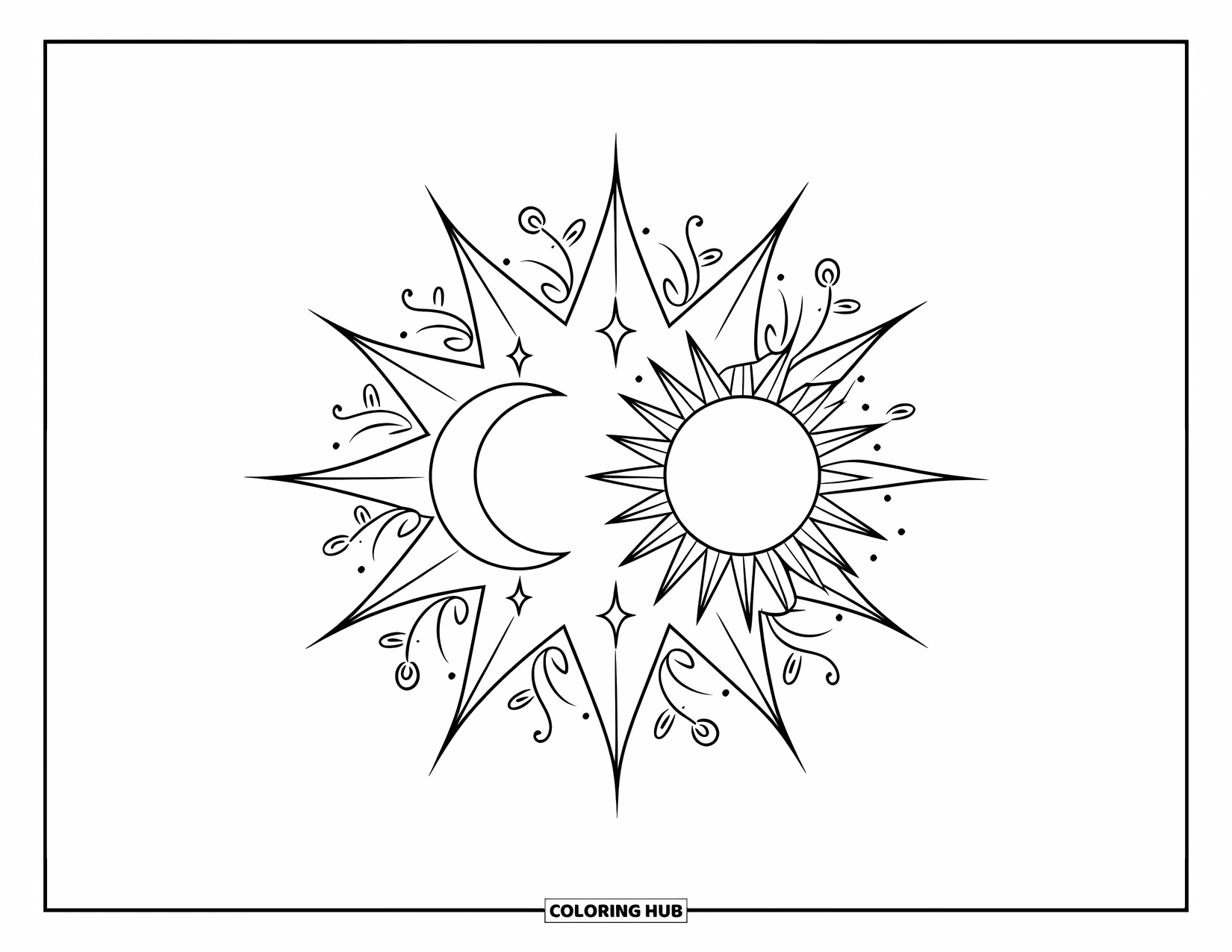 Sun And Moon Coloring Page for Adults: A celestial burst features a sun, moon, and swirly vines on a clean backdrop