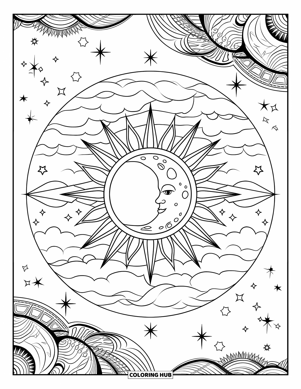 Sun And Moon Coloring Page for Adults: A celestial fusion of sun and moon sits in a circle of stars and swirling skies