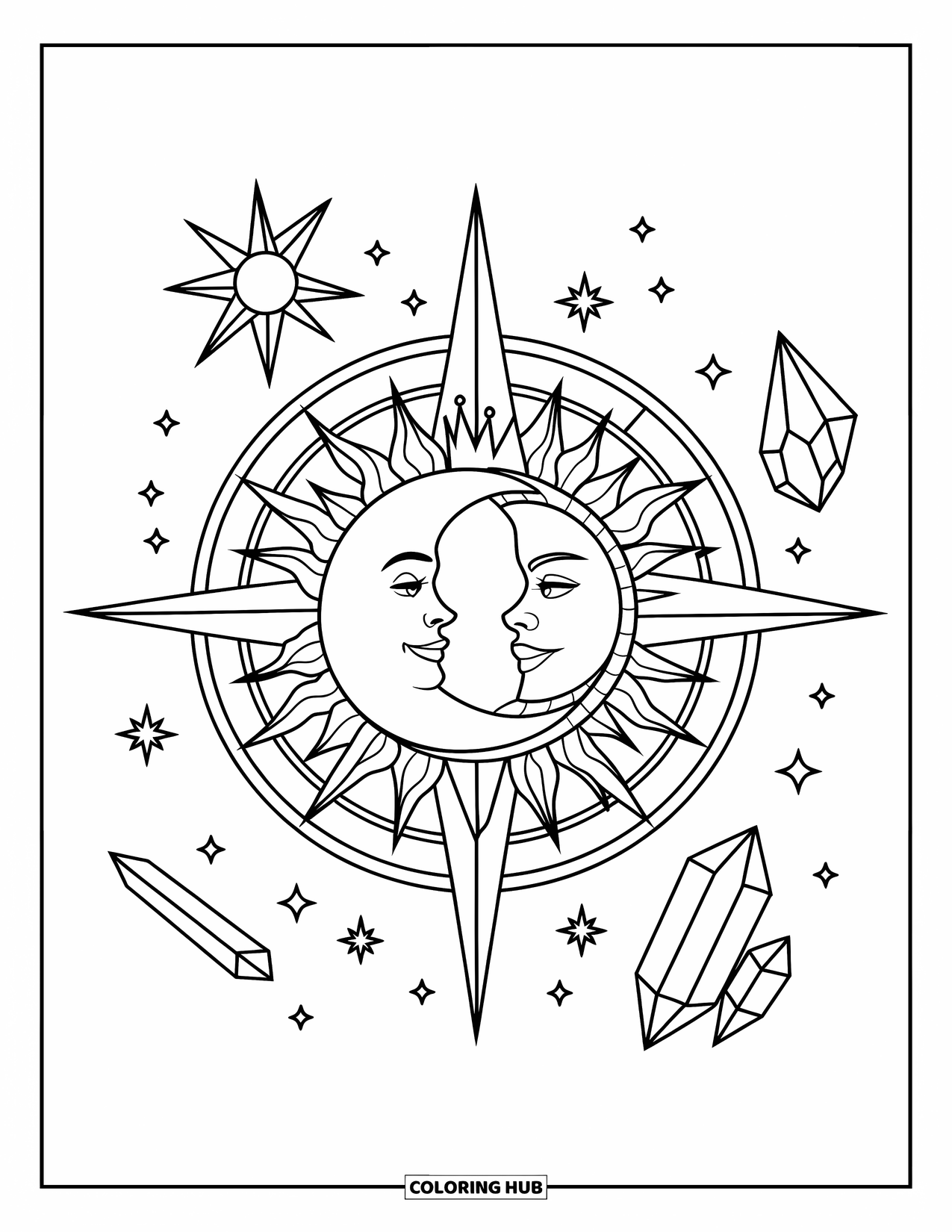 Sun And Moon Coloring Page for Adults: A compass rose holds a gentle sun and moon among floating stars and crystals