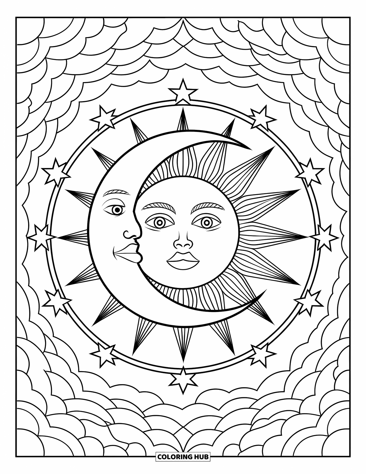Sun And Moon Coloring Page for Adults: A crescent moon overlaps the sun, surrounded by star patterns and swirling clouds