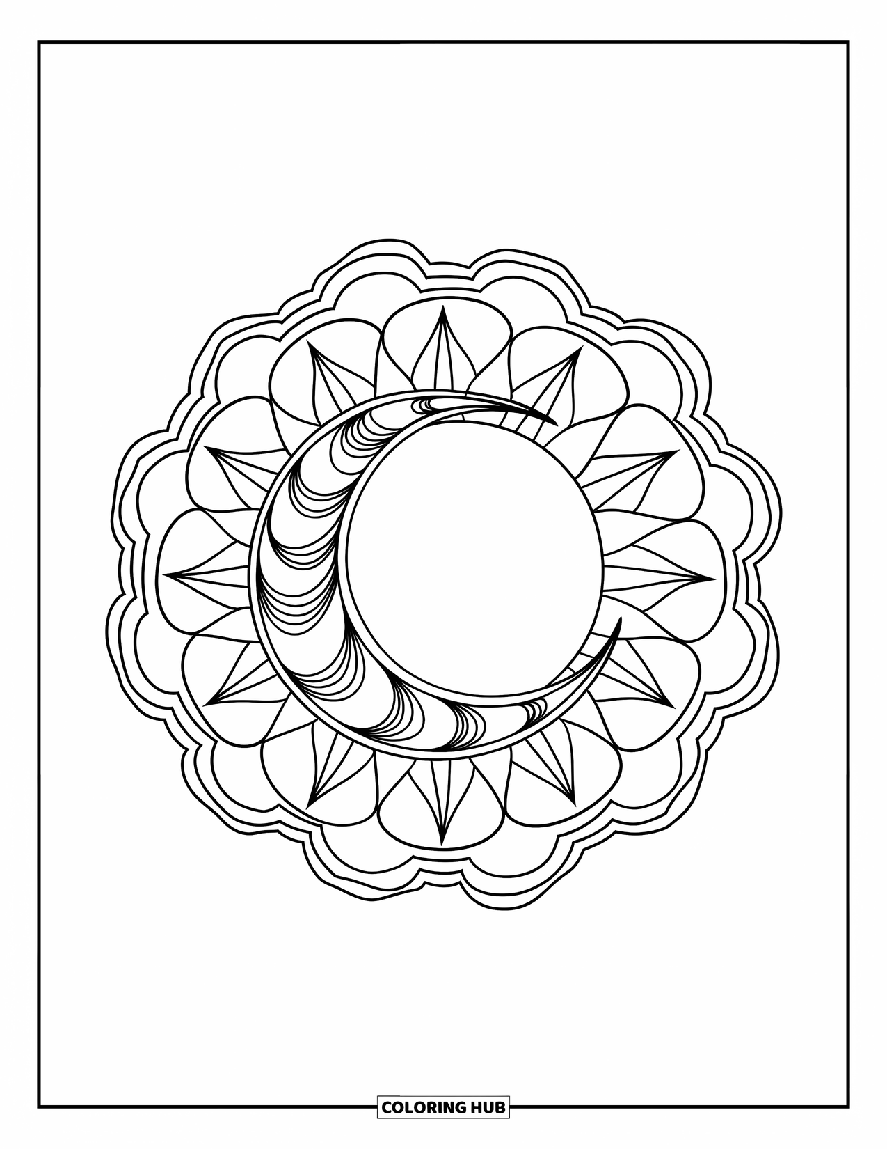 Sun And Moon Coloring Page for Adults: A crescent moon overlays the sun in a sky filled with stars and cloud spirals