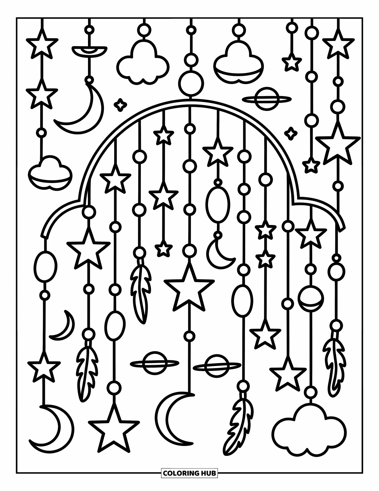 Sun And Moon Coloring Page for Adults: A delicate mobile of celestial charms floats with stars, moons, and cozy shapes